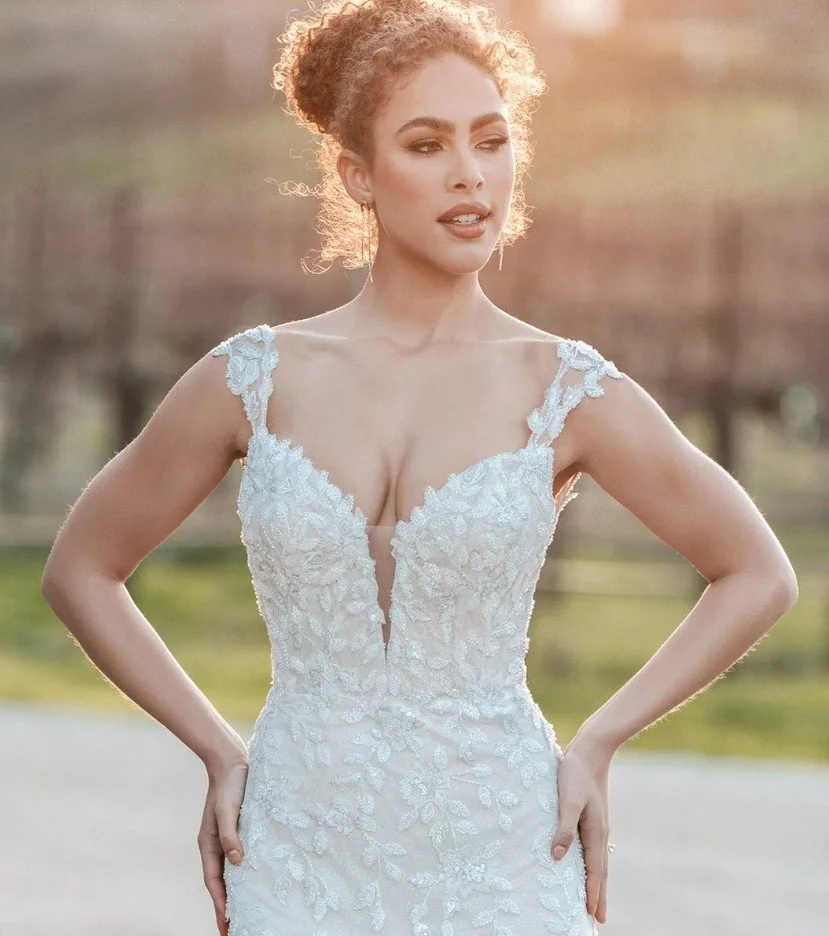 Allure Bridals A1266 beaded sequined lace applique strapless sheath wedding dress with crystal button back