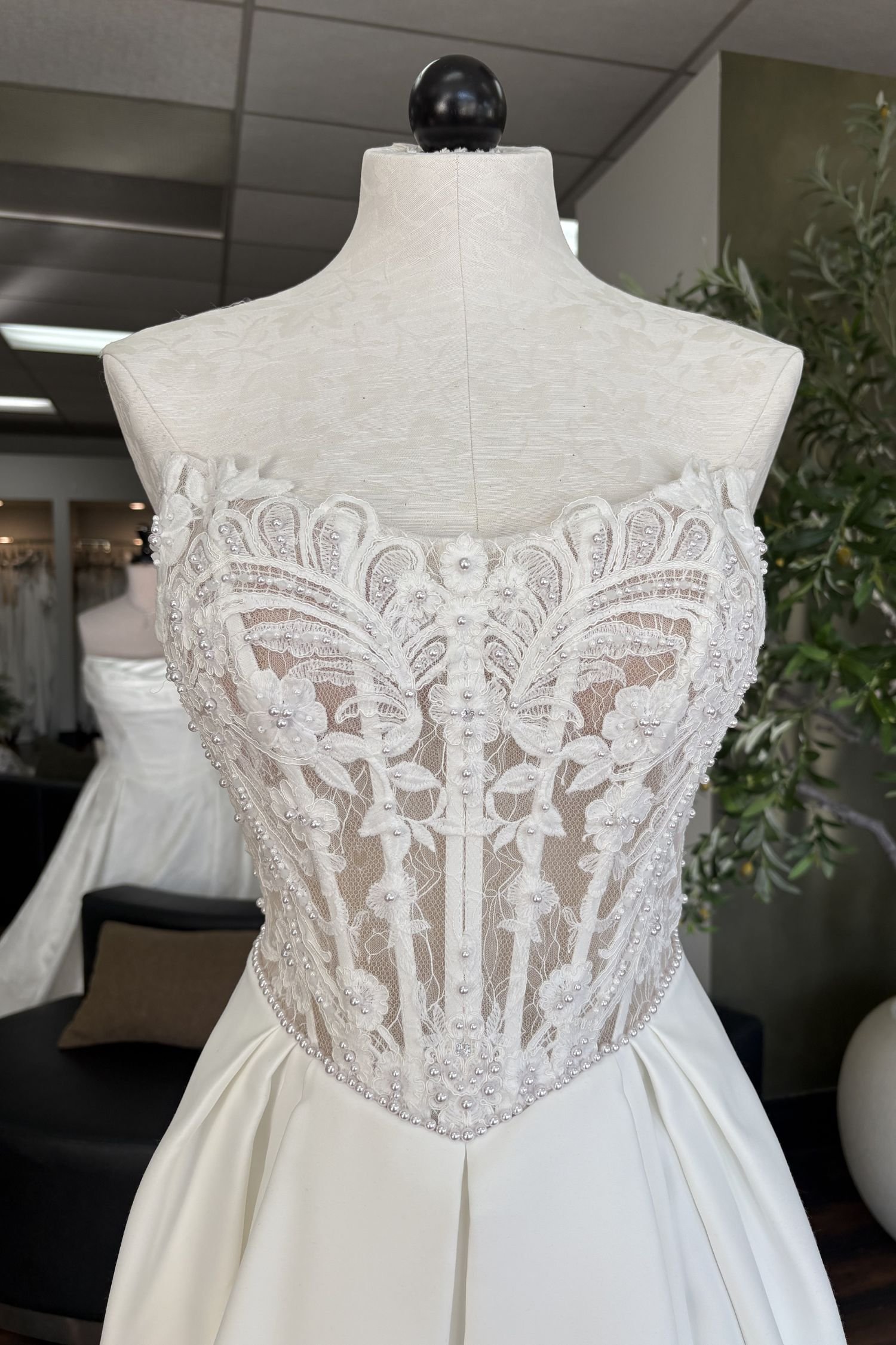 Strapless Ballgown Wedding Dress with Lace Bodice and Train