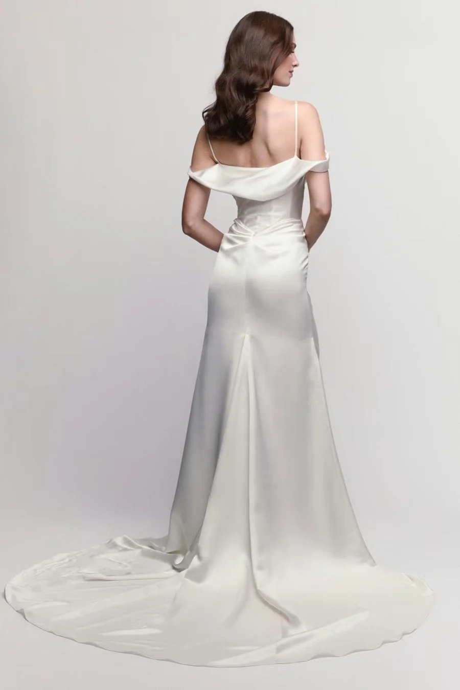Locket by Watters Amaryllis — sleek scoop-neck sheath wedding dress in charmeuse with draped bust, visible corset boning, drop waist, and side buttons