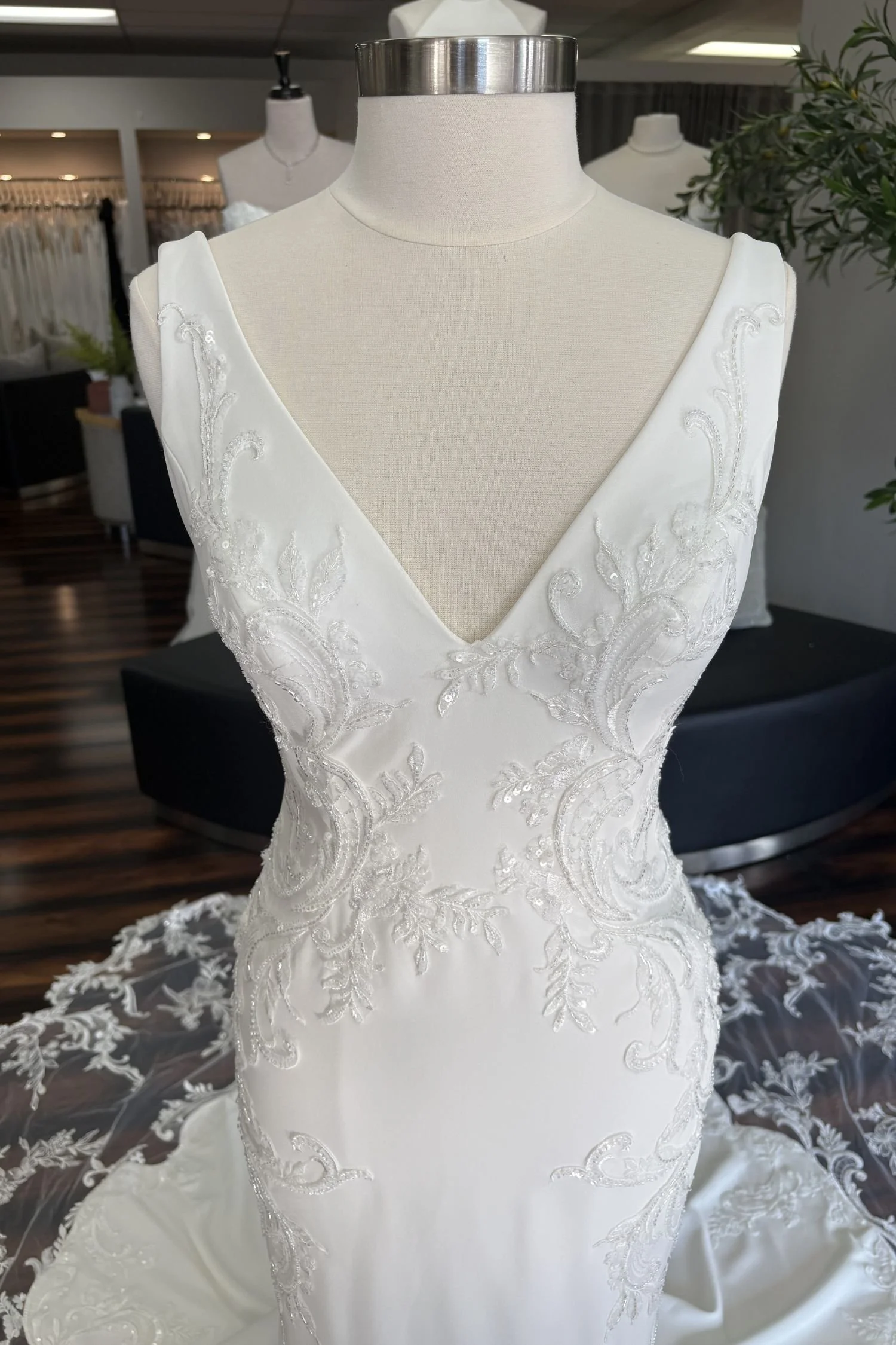 Crepe Fit & Flare Wedding Dress with a Low Back and Beaded Lace