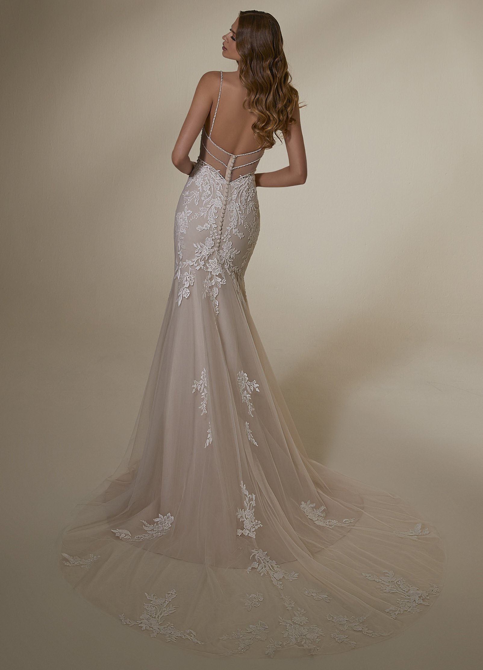 Mori Lee Miley 2534 fit and flare wedding gown with sheer corset bodice, crystal beaded lace and illusion back