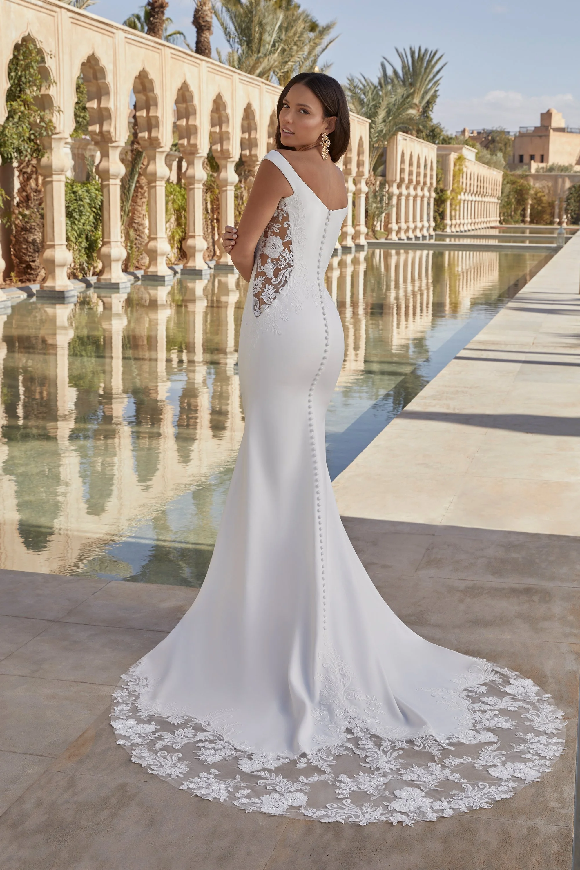 Sincerity 44423 Fit and Flare wedding gown in Crepe, bridal sample size 10 available at Olive and Ivory Bride Sacramento