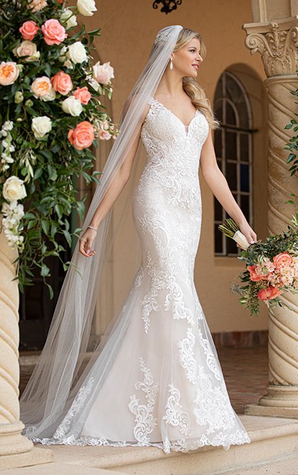 Stella York 7100IV V-neck fit and flare wedding gown with lace straps, beaded back strap and sheer side cutouts