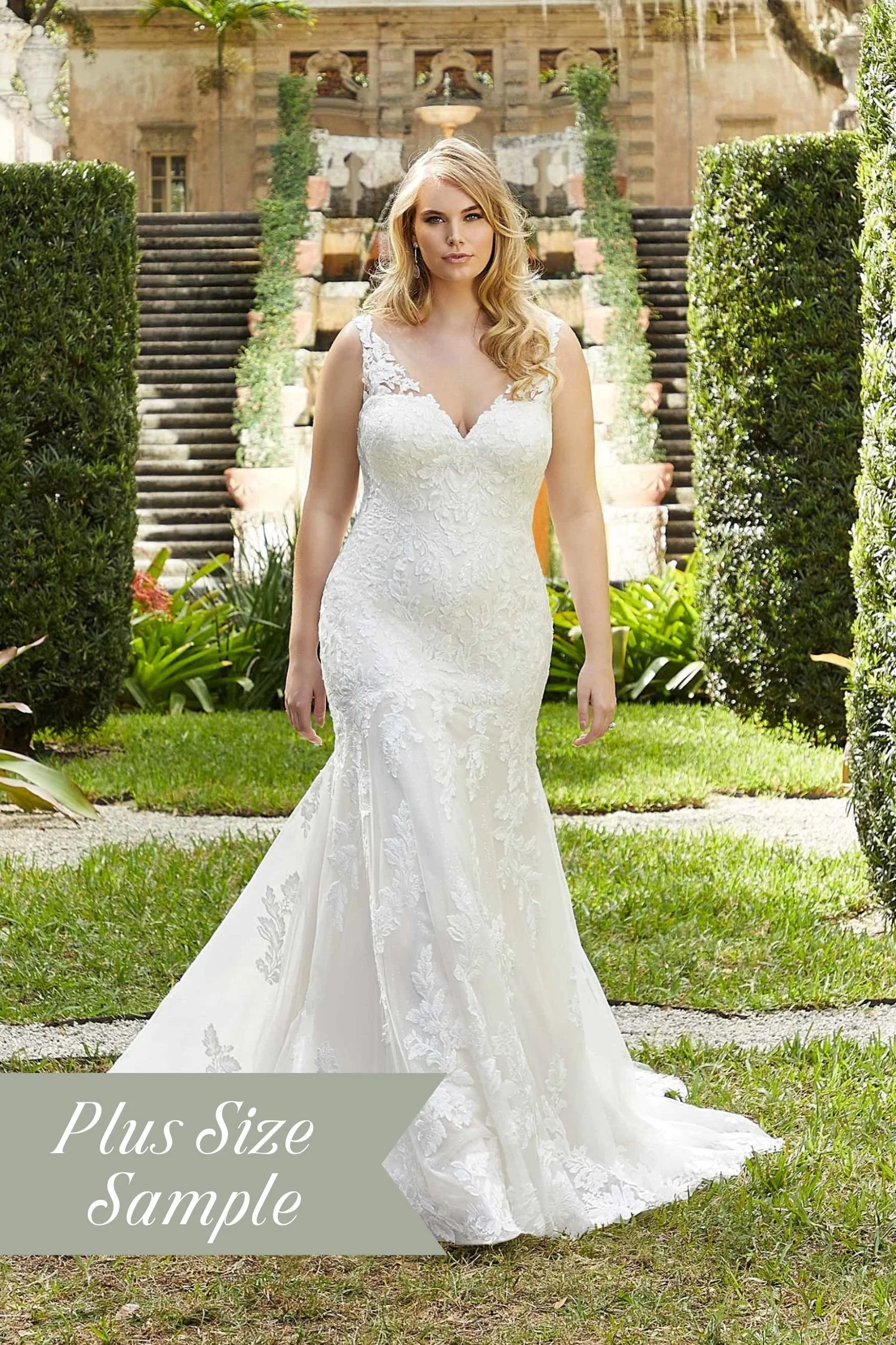 Lace Fit and Flare Plus Size Wedding Dress with V-Neckline
