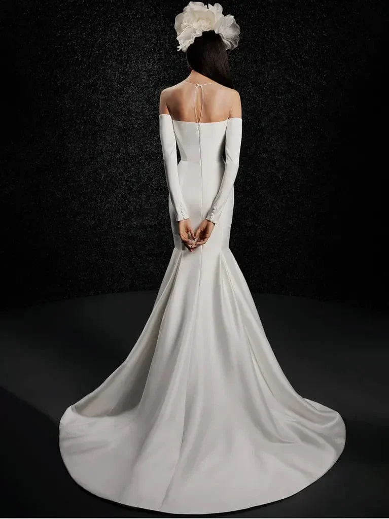 Vera Wang Mishell strapless satin fit-and-flare wedding dress with plunging neckline and detachable long sleeves