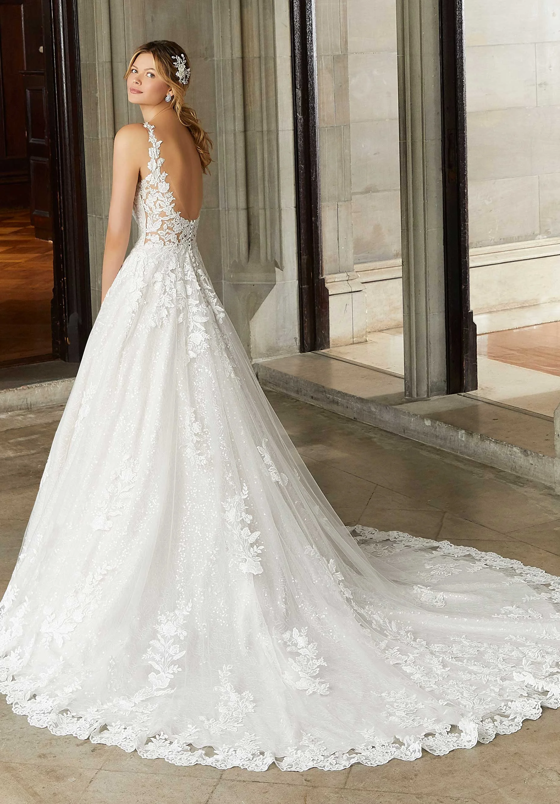 Mori Lee Sansa ballgown wedding dress with illusion bodice and embroidered lace appliques