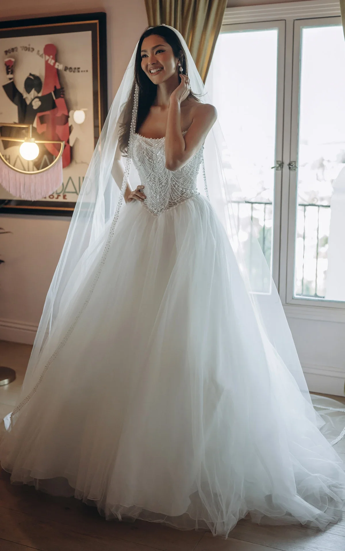 Strapless Pearl-Beaded Corset Ballgown with Frothy Tulle Skirt