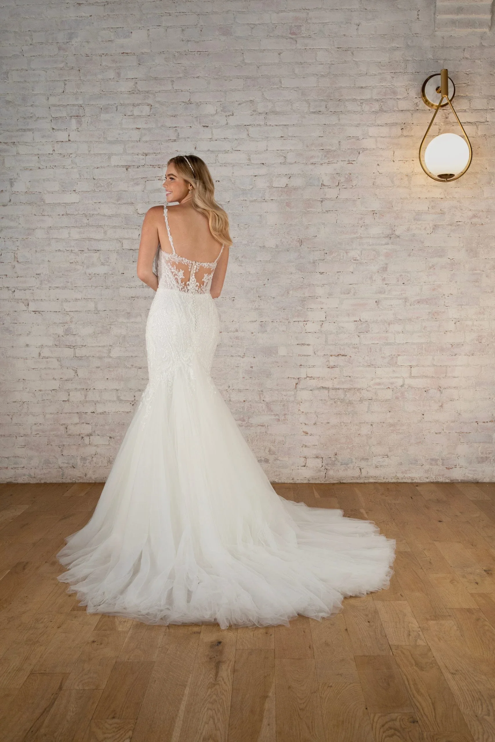 Sexy Graphic Lace and Tulle Fit-and-Flare Wedding Dress with Spaghetti Straps