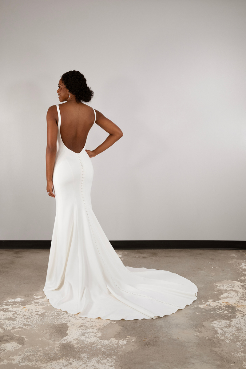 Essense of Australia D3985ZZ shoulder strap column sheath wedding dress with V-neckline and open back