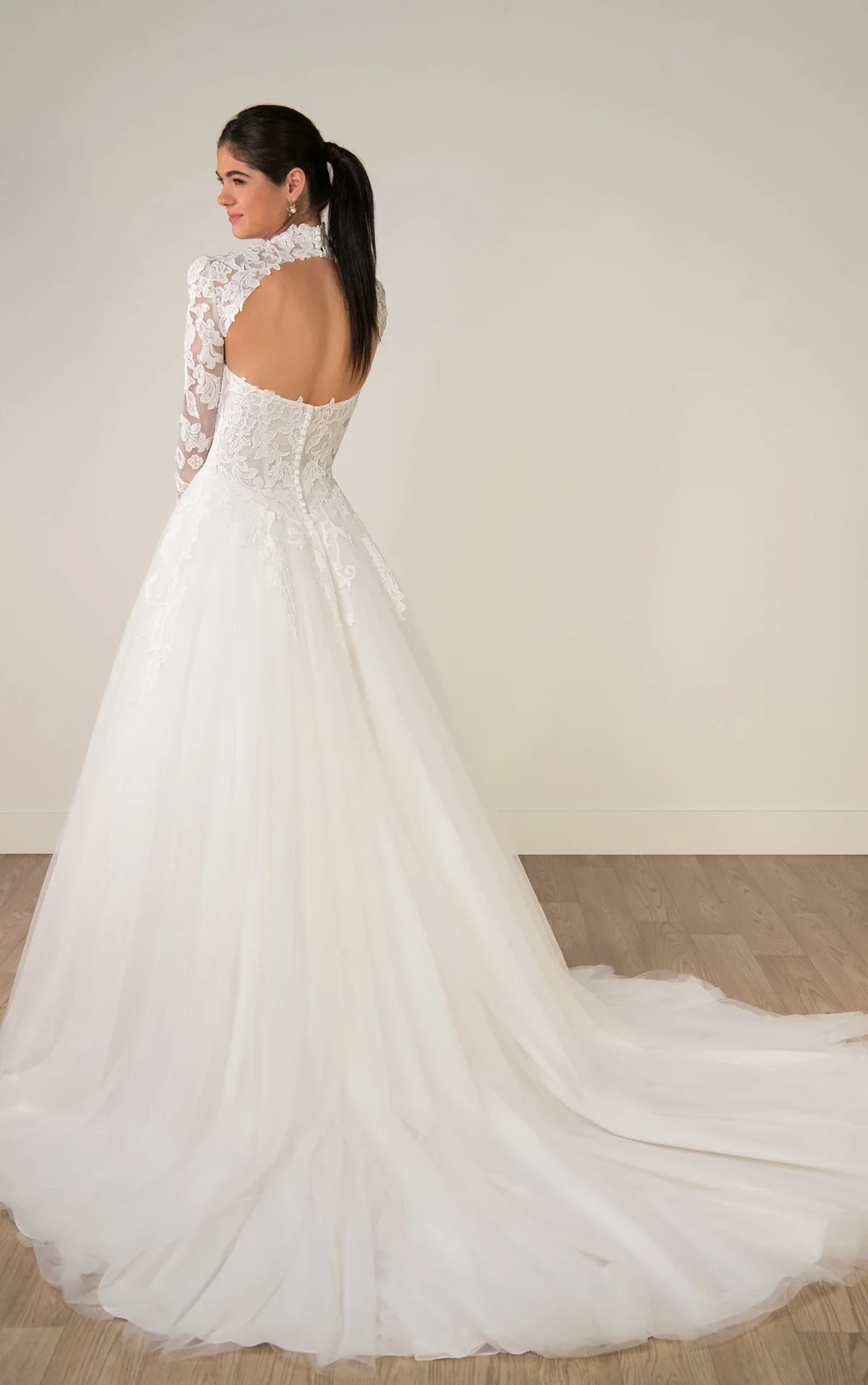 Lace and Tulle A-Line Wedding Gown with Plunge Neckline and Removable High-Neck Topper