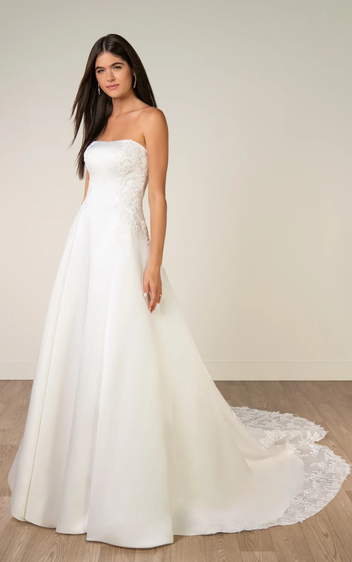 Strapless Lace and Grand Satin A-Line Wedding Gown with Scalloped Cutout Train