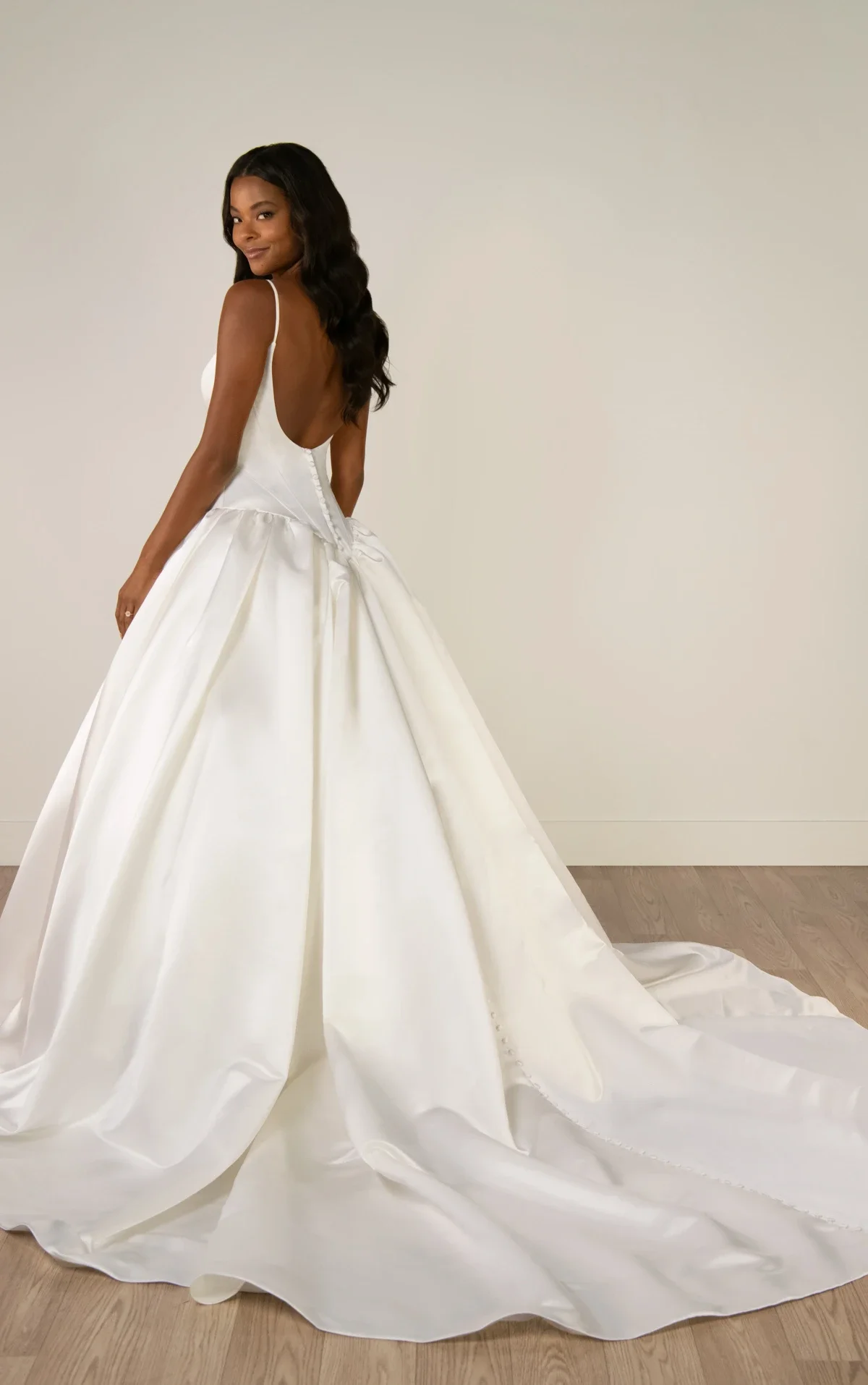 Scoop Neckline Soft Satin Ballgown with Basque Waist and Pockets