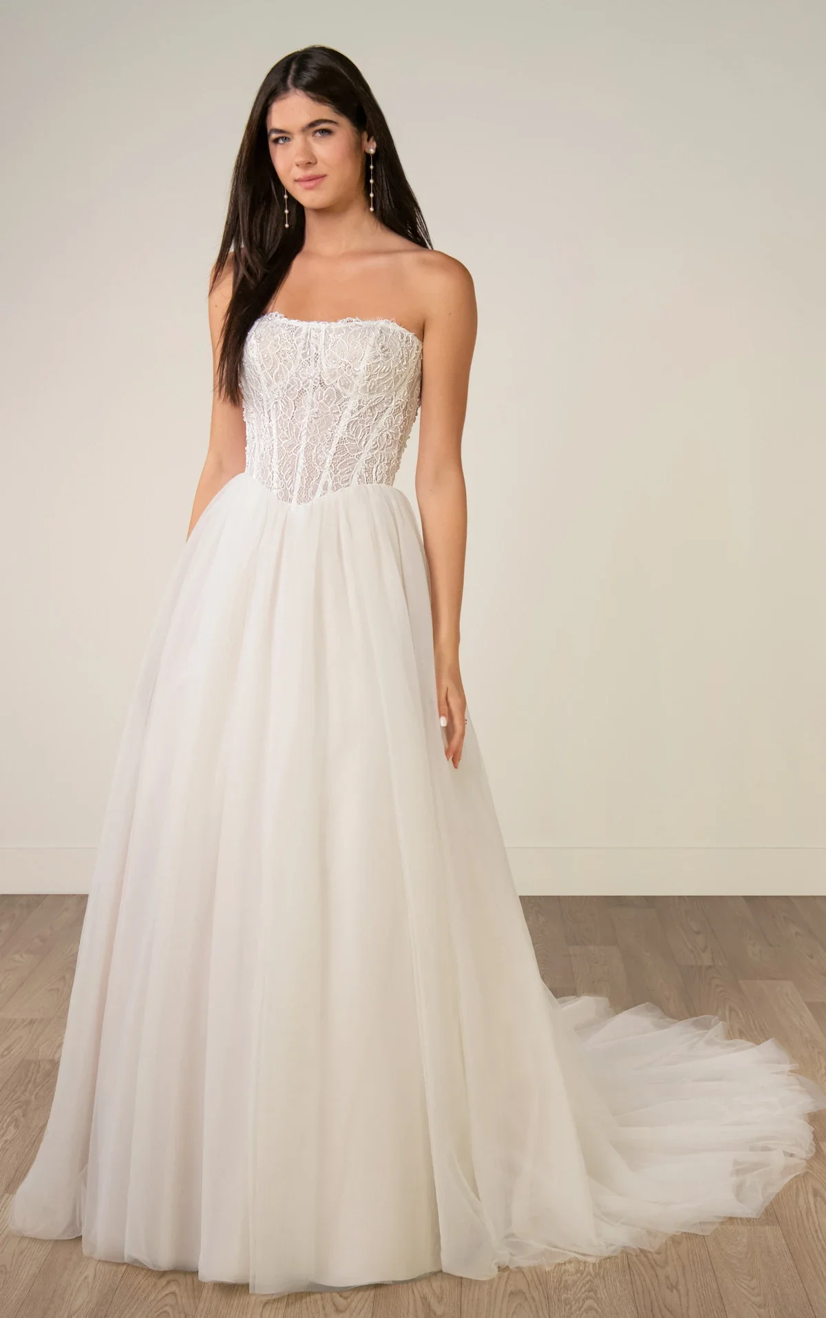 Strapless Lace and Tulle A-Line Wedding Gown with Beaded Corset Bodice