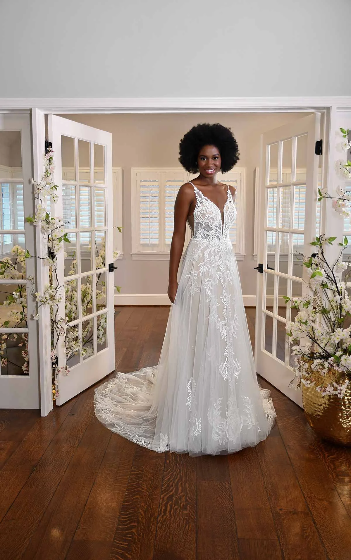 Essense of Australia D3324 vintage lace A-line wedding dress with deep V-neckline and illusion sheer bodice in Ivory/Rum