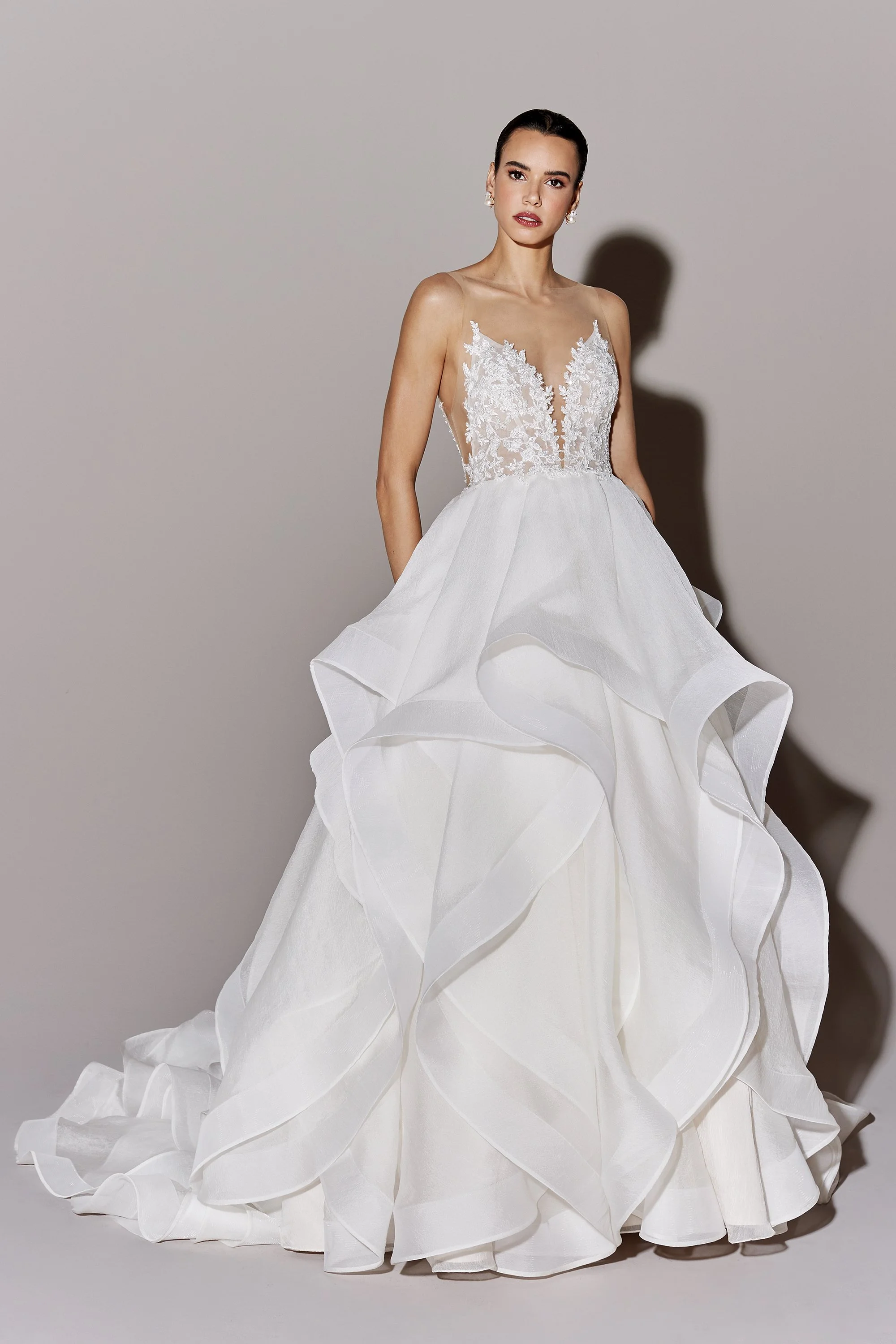 Justin Alexander Signature Arcadia 99281 beaded organza ballgown with illusion Sabrina neckline and ruffle skirt