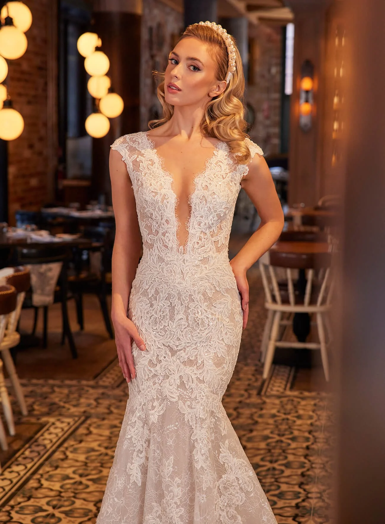 L'amour Dorothea LA22234 beaded lace fit-and-flare wedding dress with plunging V-neckline and illusion long sleeves