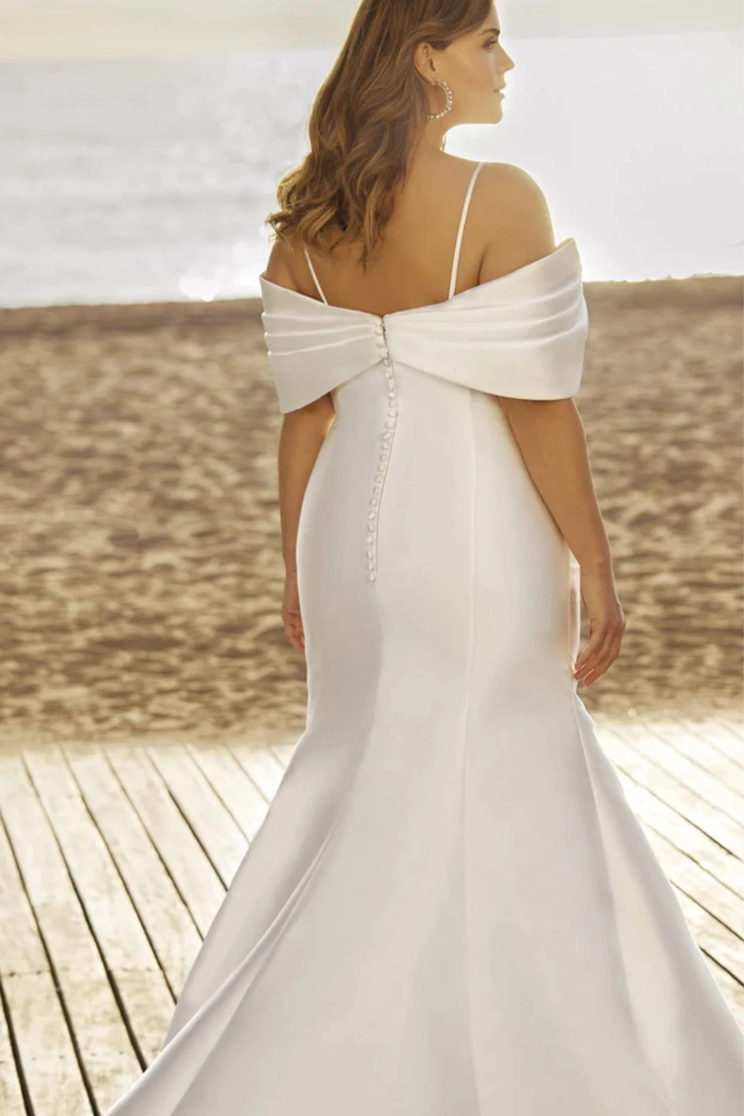 Satin Mermaid Plus Size Wedding Dress with Off the Shoulder Sleeves
