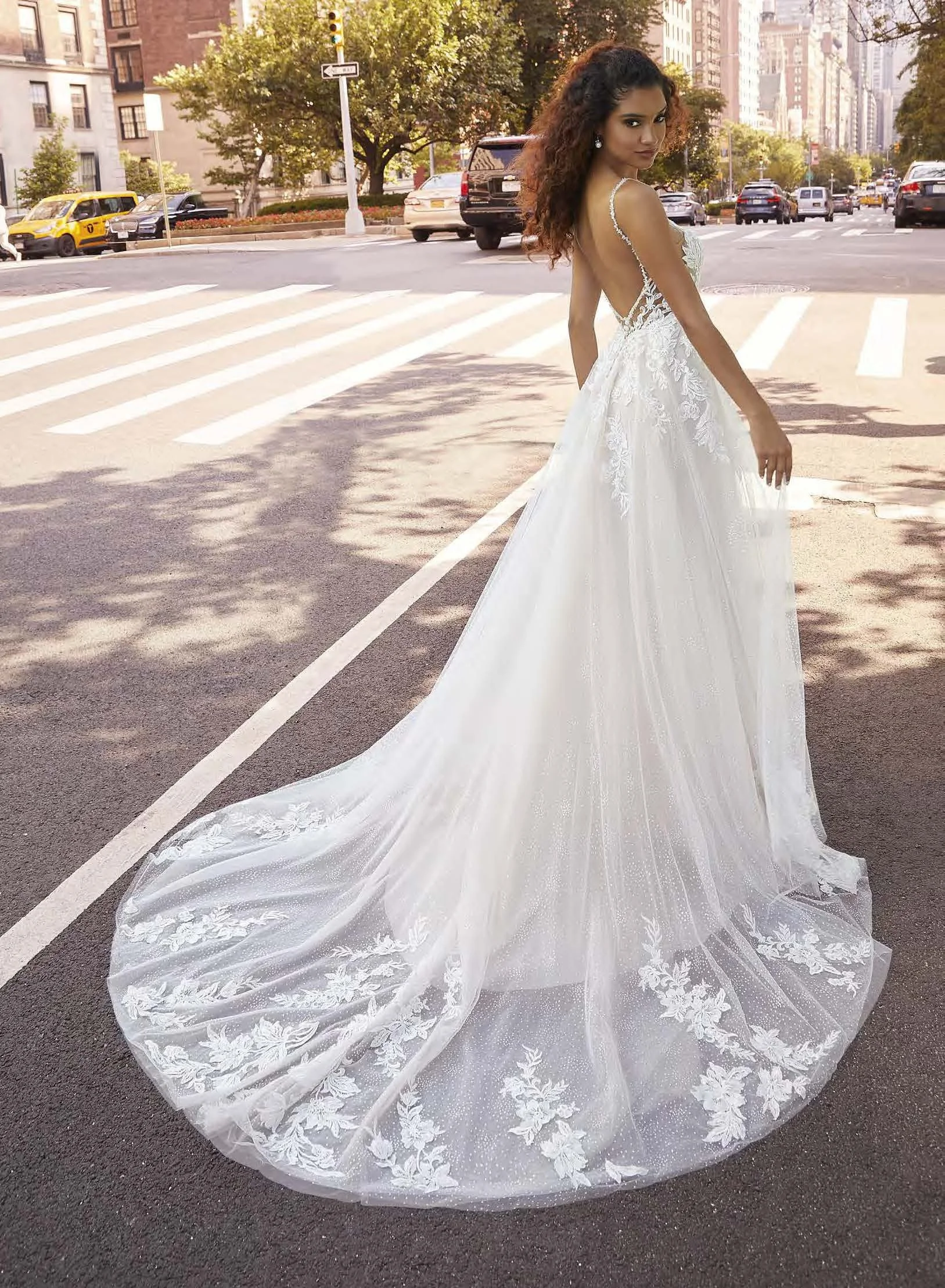 Mori Lee Jeanelle 2514 ivory/latte/honey A-line wedding dress with crystal beaded neckline trim, glitter tulle and frosted lace appliqués