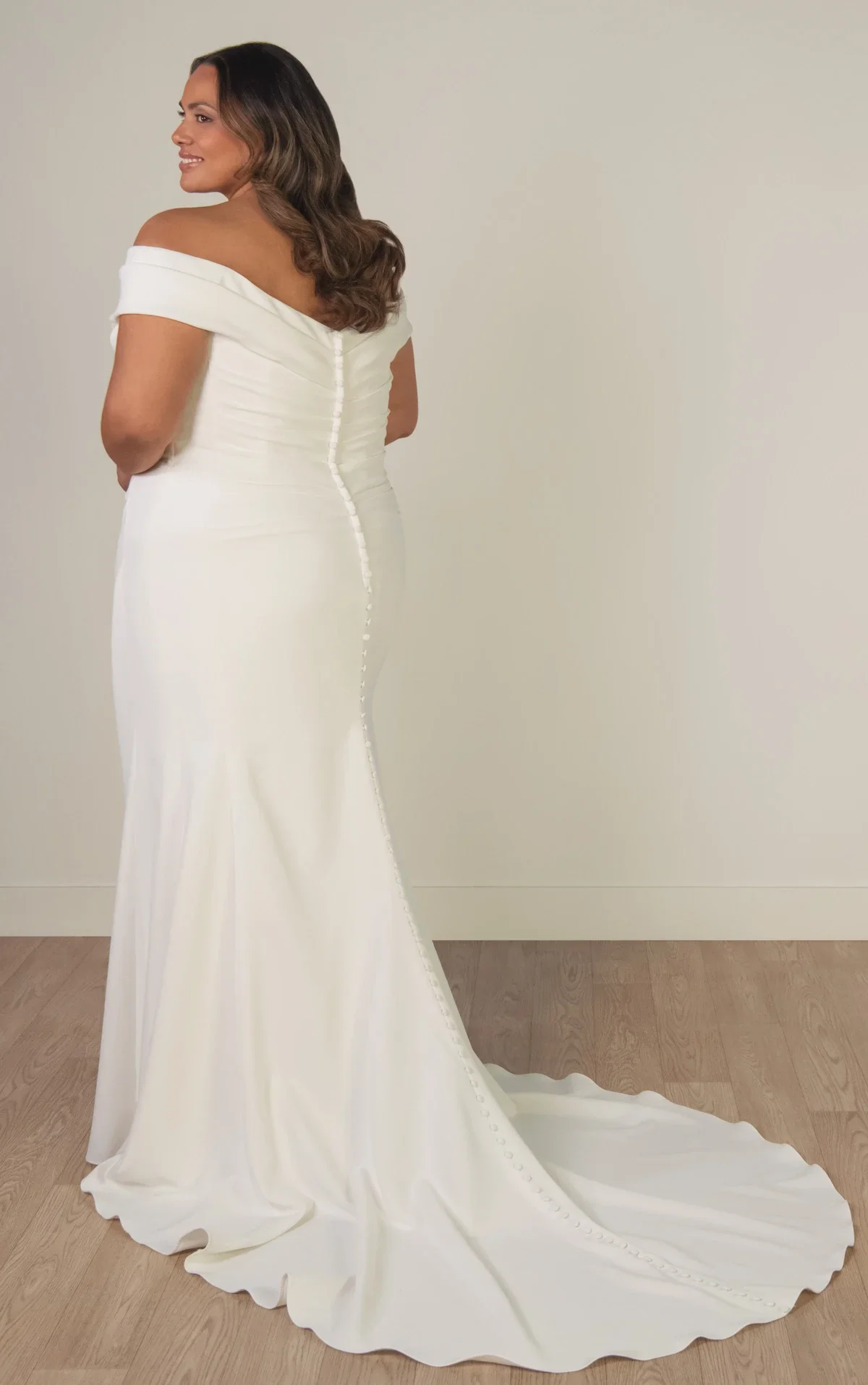 Stella York SY8330 off-the-shoulder trumpet wedding gown in stretch crepe with ruched bodice and fit-and-flare silhouette
