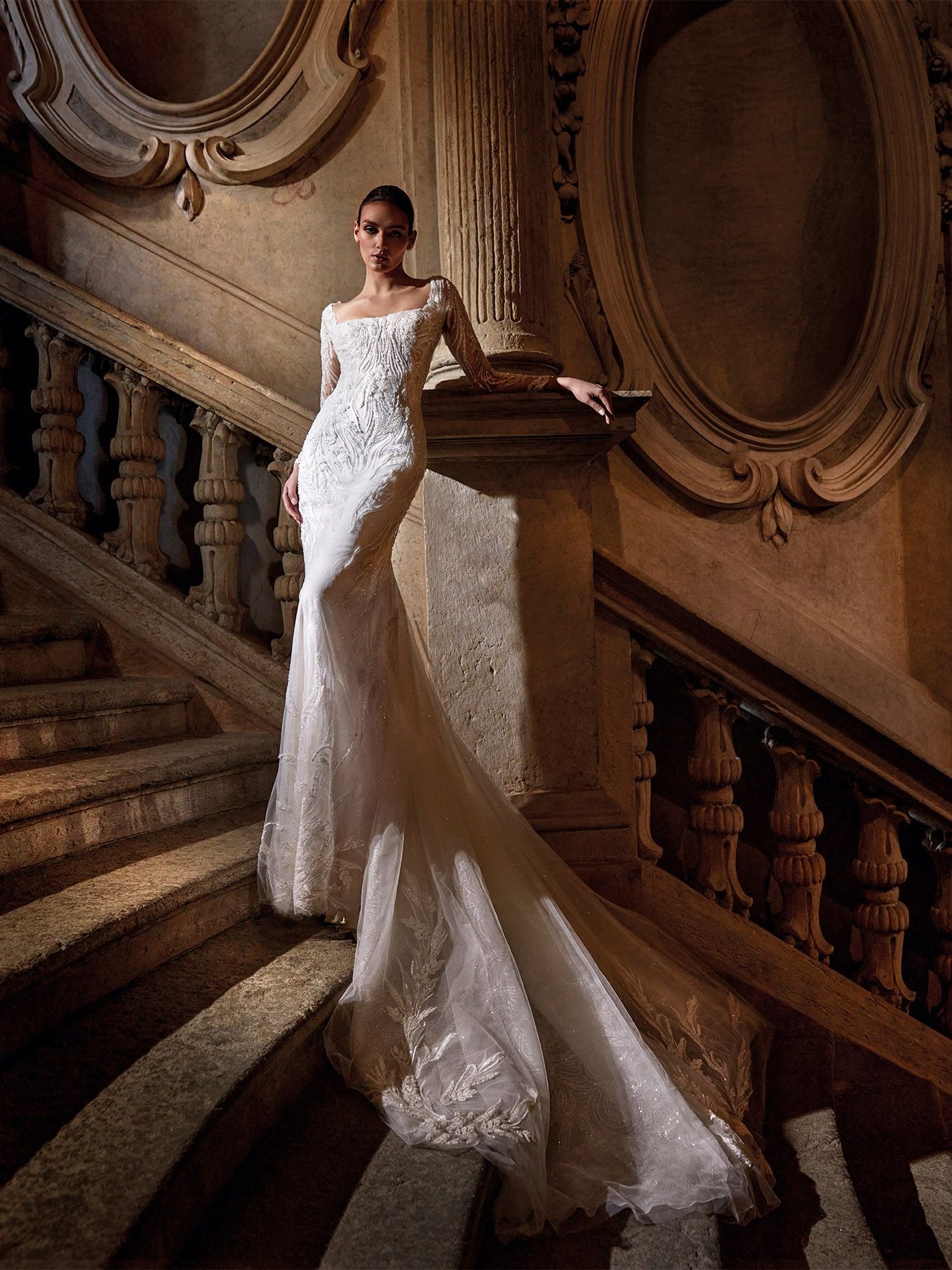 Pronovias Ametrine tulle mermaid wedding dress with lace embroidery, square neckline, and illusion sleeves