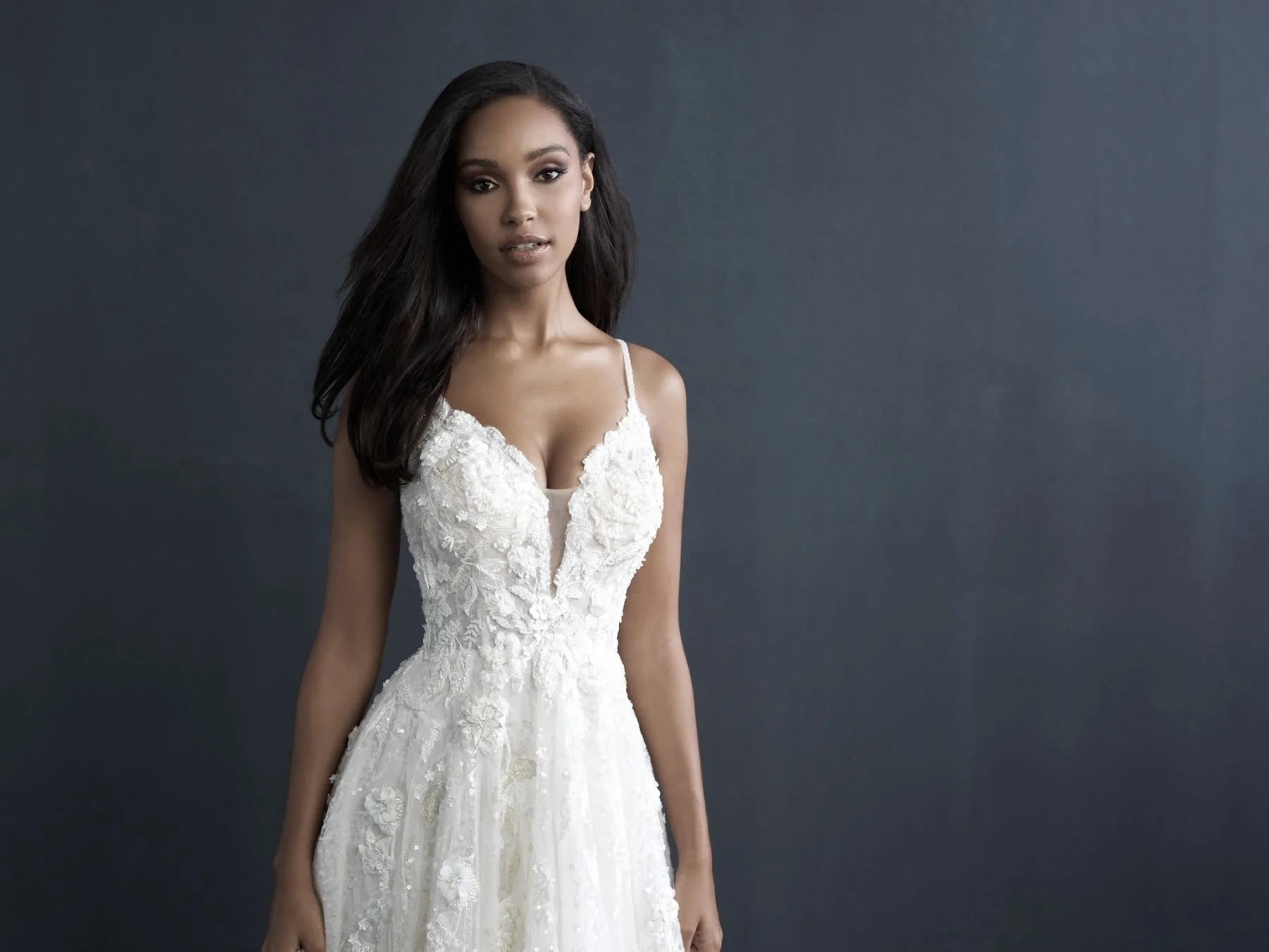 Allure Couture C606 multi-textured A-line wedding dress with subtle sequins, plunging neckline, and illusion open back