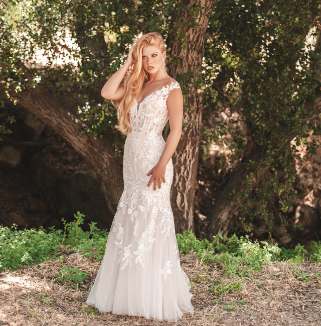 Allure Romance R3712 fit and flare wedding gown with sequined lace appliques over Chantilly lace