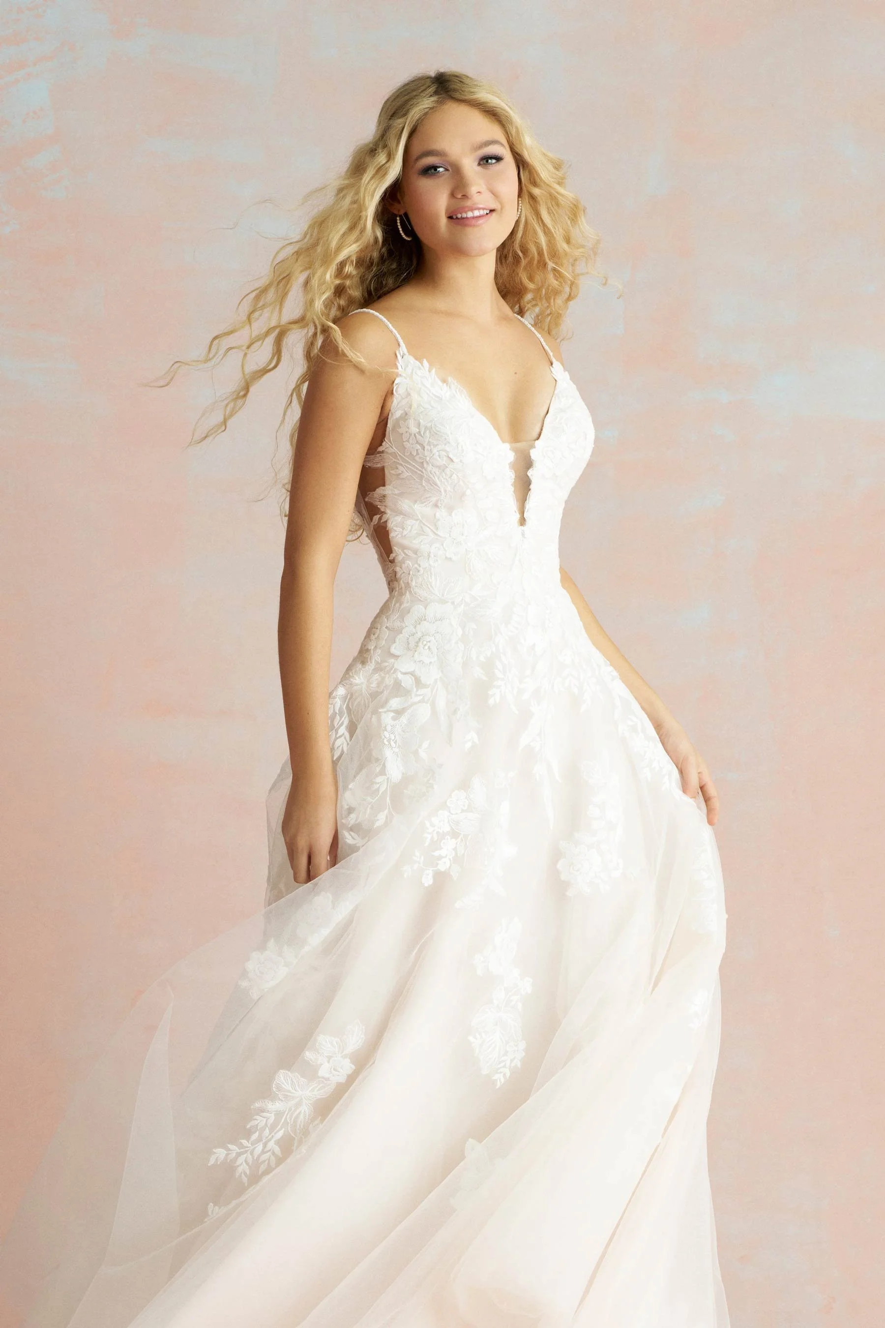 Soft Tulle and Lace Wedding Dress with Beaded Appliques and V-Neckline