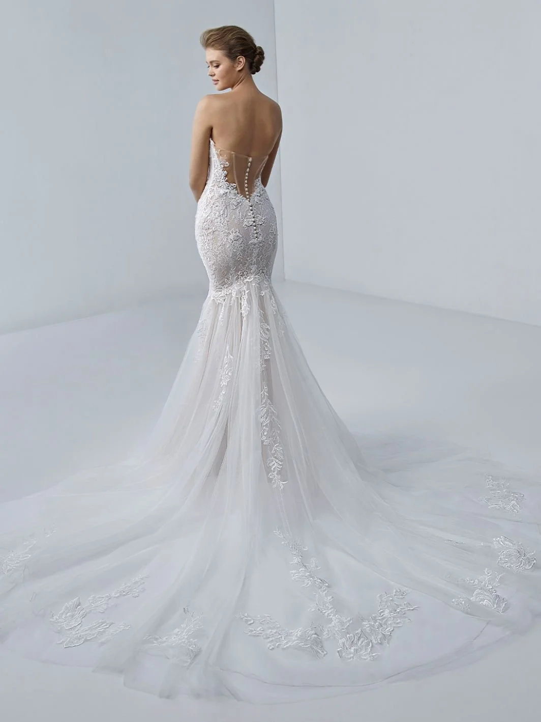 Enzoani Blue Angelique sweetheart neckline lace wedding gown with elegant detailing