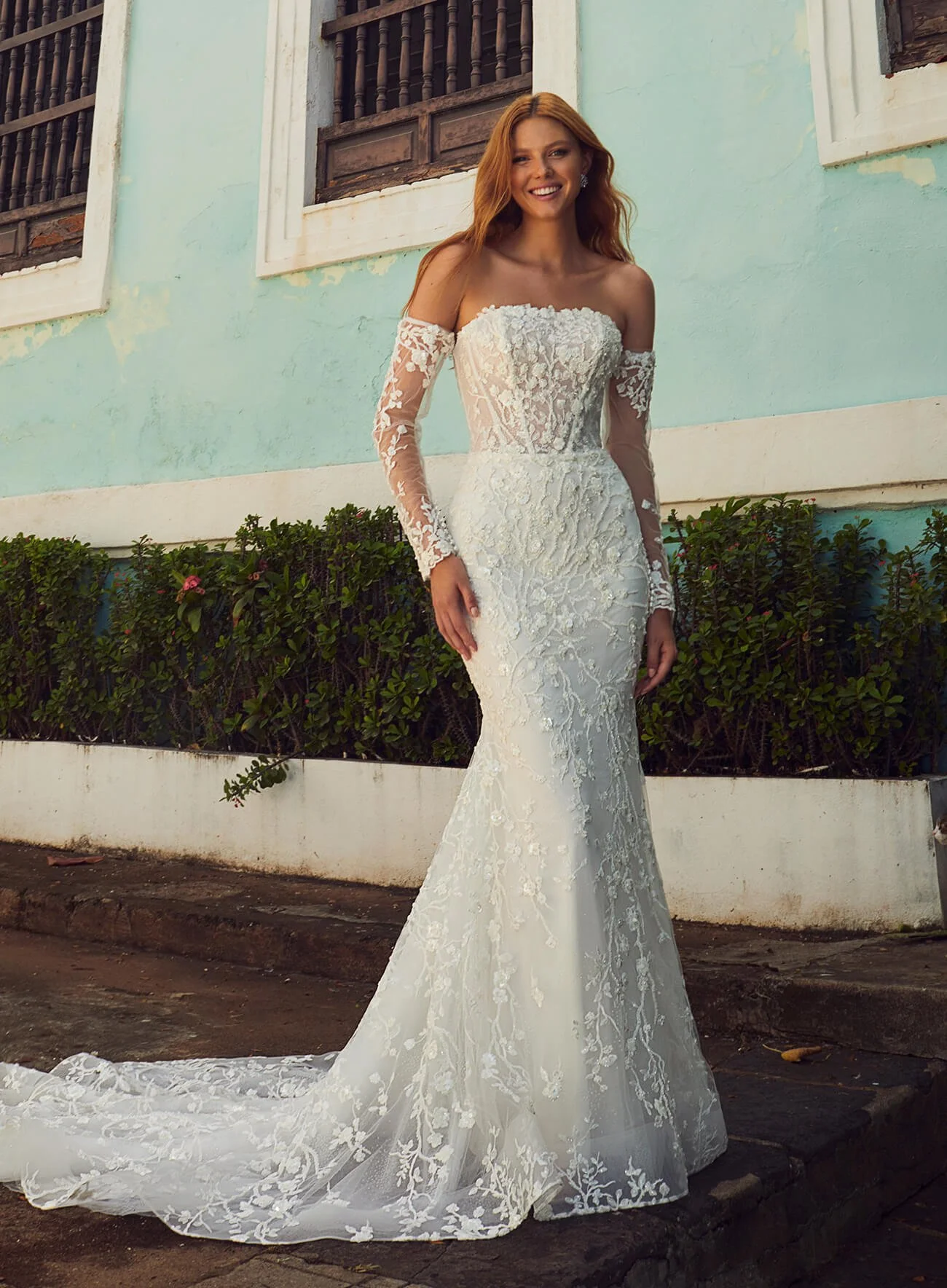 L'amour Halsey LA23105 fitted sparkly strapless wedding dress with beaded lace and detachable sleeves