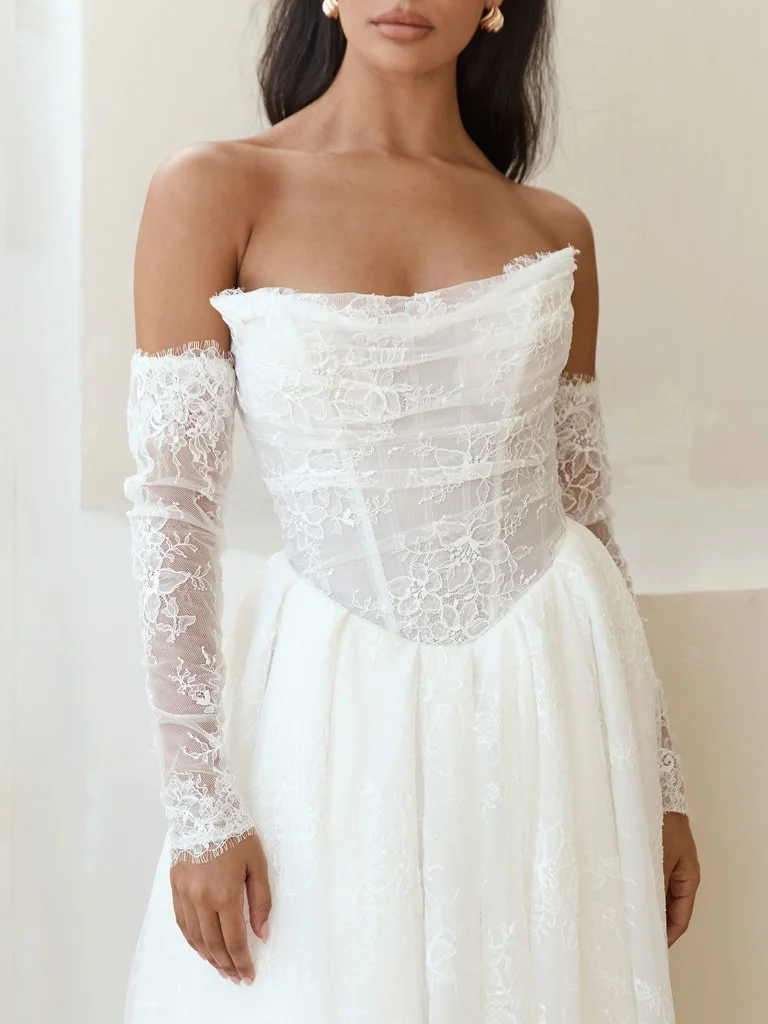 Serene Lilac plus size A-line wedding dress with strapless straight neckline, Basque waist, Chantilly lace, and detachable illusion sleeves