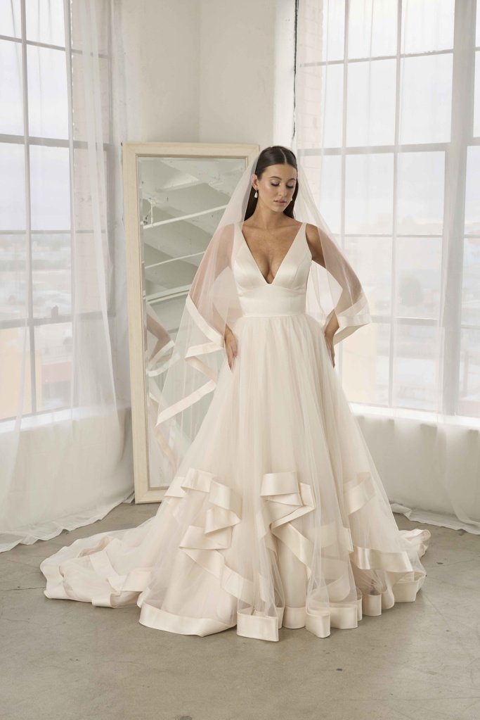 Modern Whimsical Ruffle Ballgown Wedding Dress with Satin and Tulle