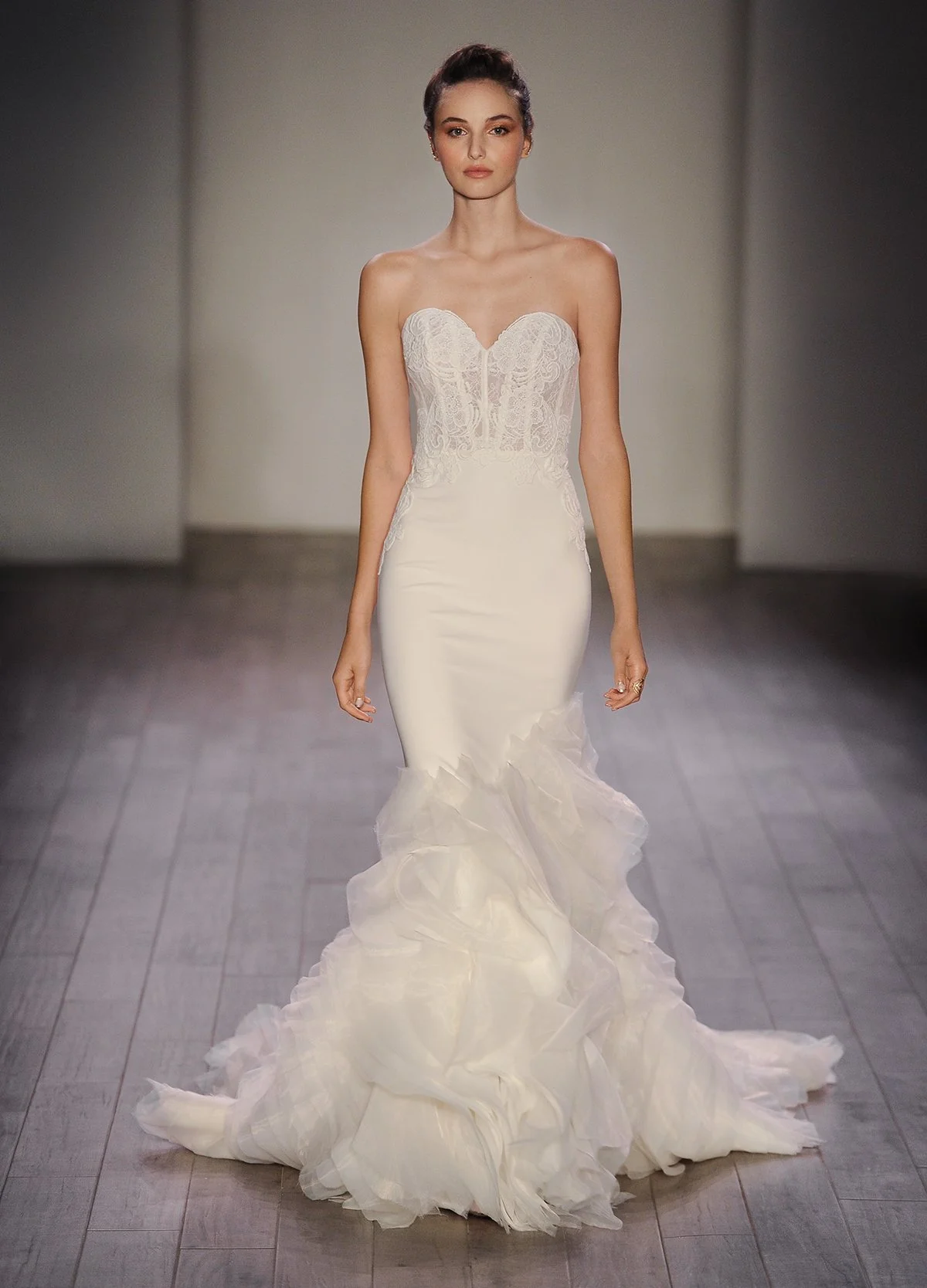 Lazaro 3610 Trumpet wedding gown with Strapless neckline in Crepe, bridal sample size 10 available at Olive and Ivory Bride Sacramento