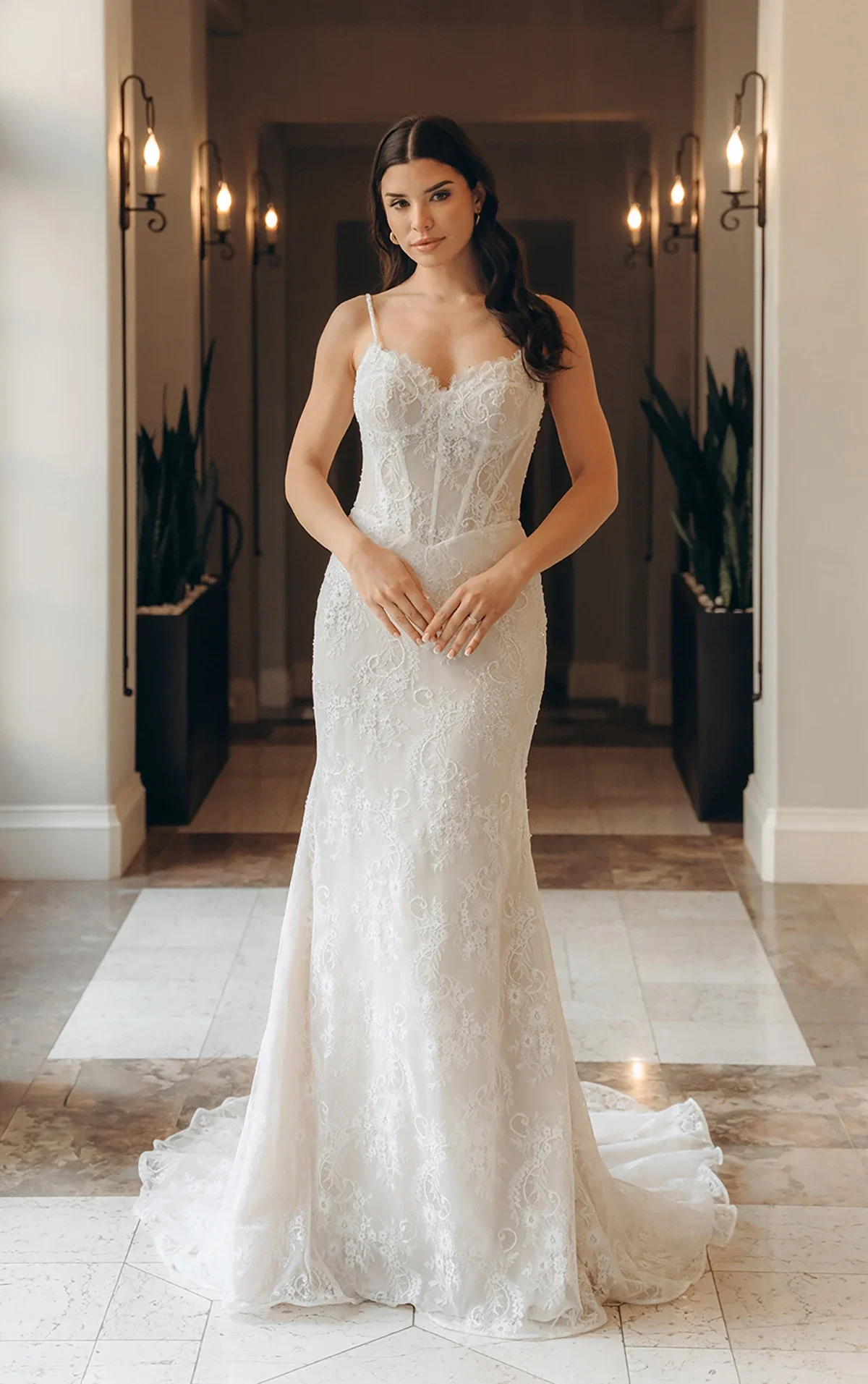 Sexy Floral Lace Fit-and-Flare Wedding Dress with Corset Bodice
