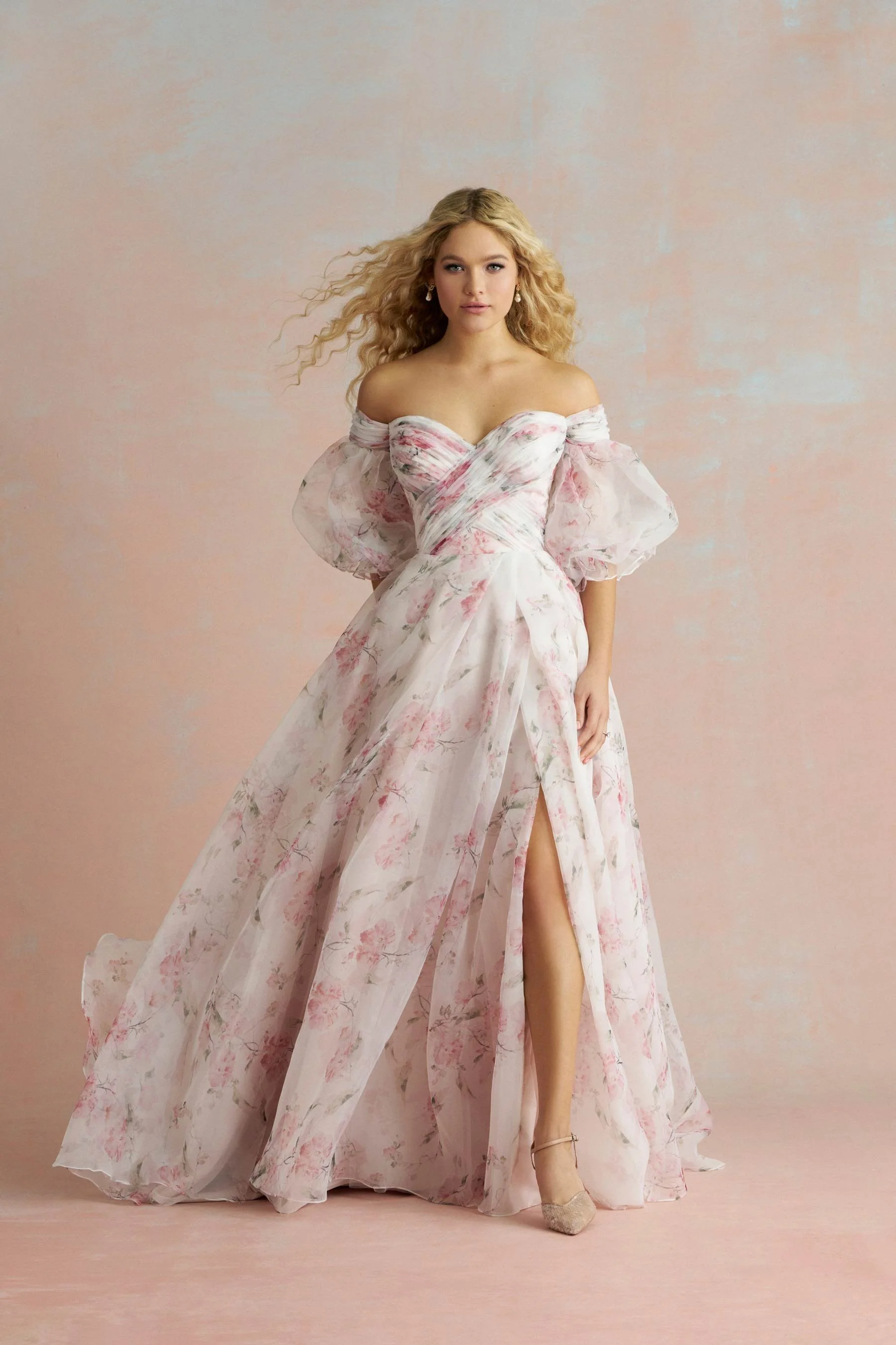 Romantic Watercolor Print Organza Ballgown Wedding Dress