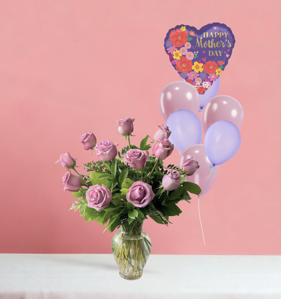 MOTHER'S DAY DOZEN LAVENDER ROSE AND BALLOON BUNDLE