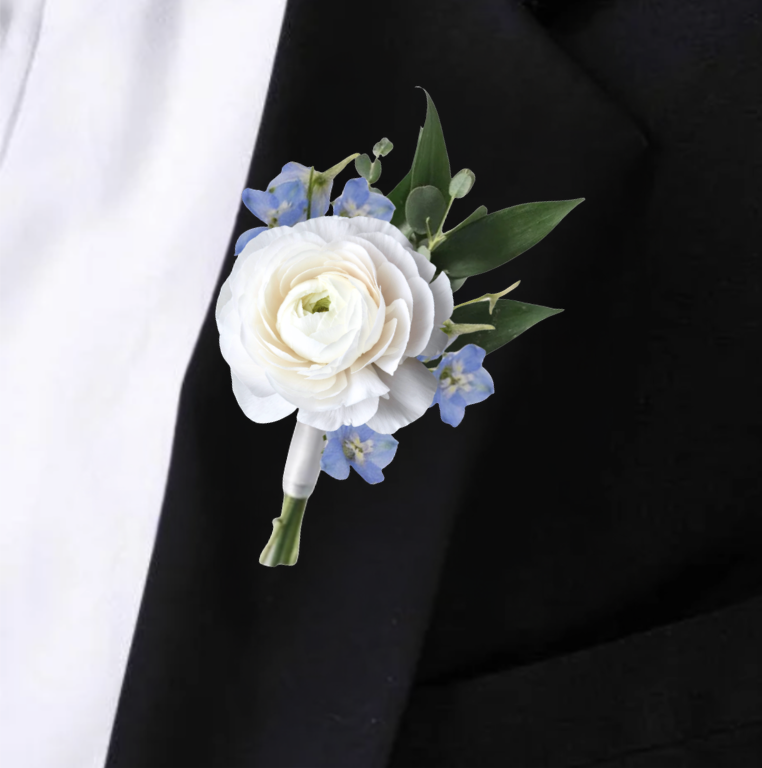 DUSTY BLUE & WHITE RANUNCULUS BOUTONNIERE