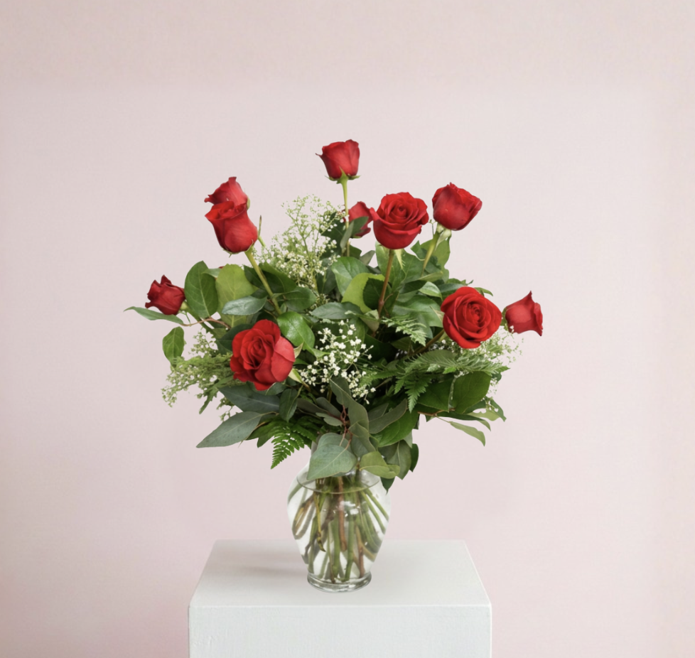 DOZEN ROSES WITH BABIES BREATH