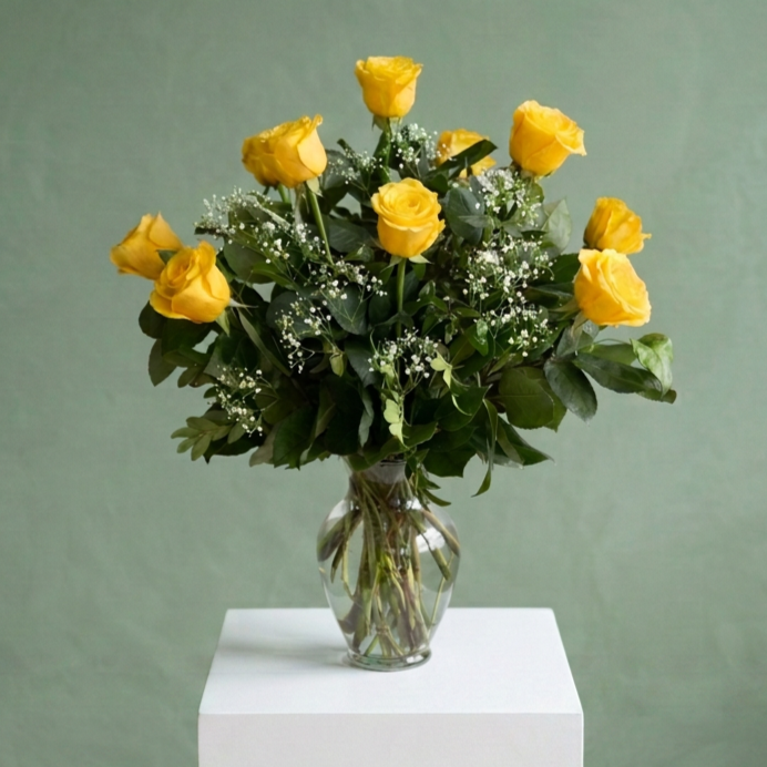 YELLOW DOZEN ROSES WITH BABIES BREATH