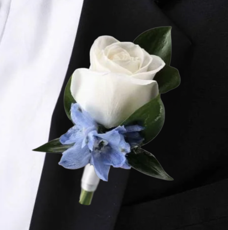DUSTY BLUE & WHITE ROSE BOUTONNIERE