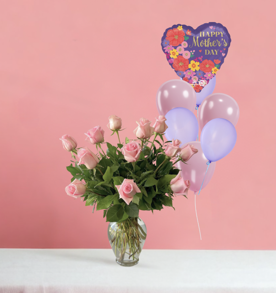 MOTHER'S DAY DOZEN PINK ROSE AND BALLOON BUNDLE