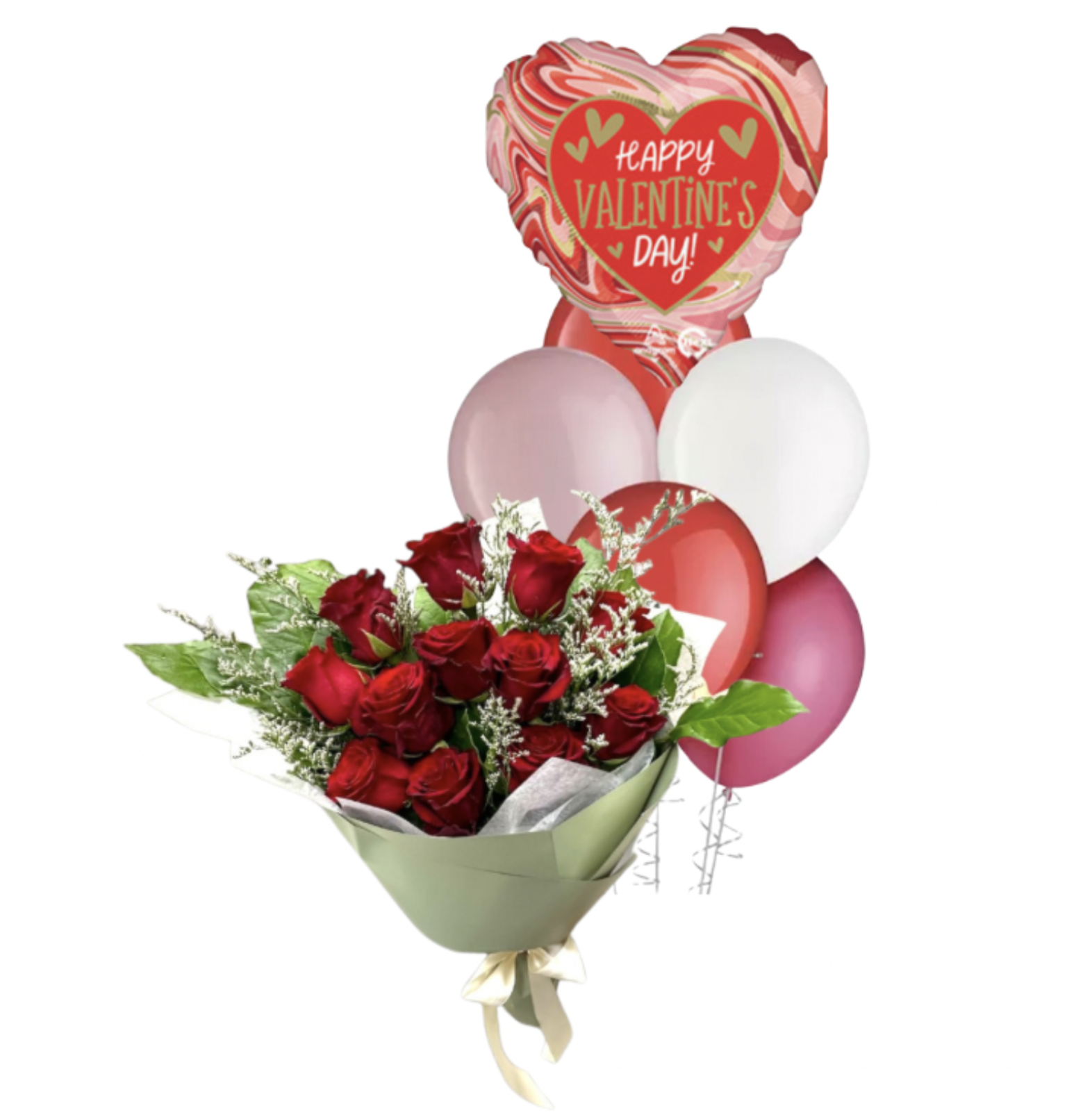 DOZEN ROSE WRAP WITH BALLOON BOUQUET