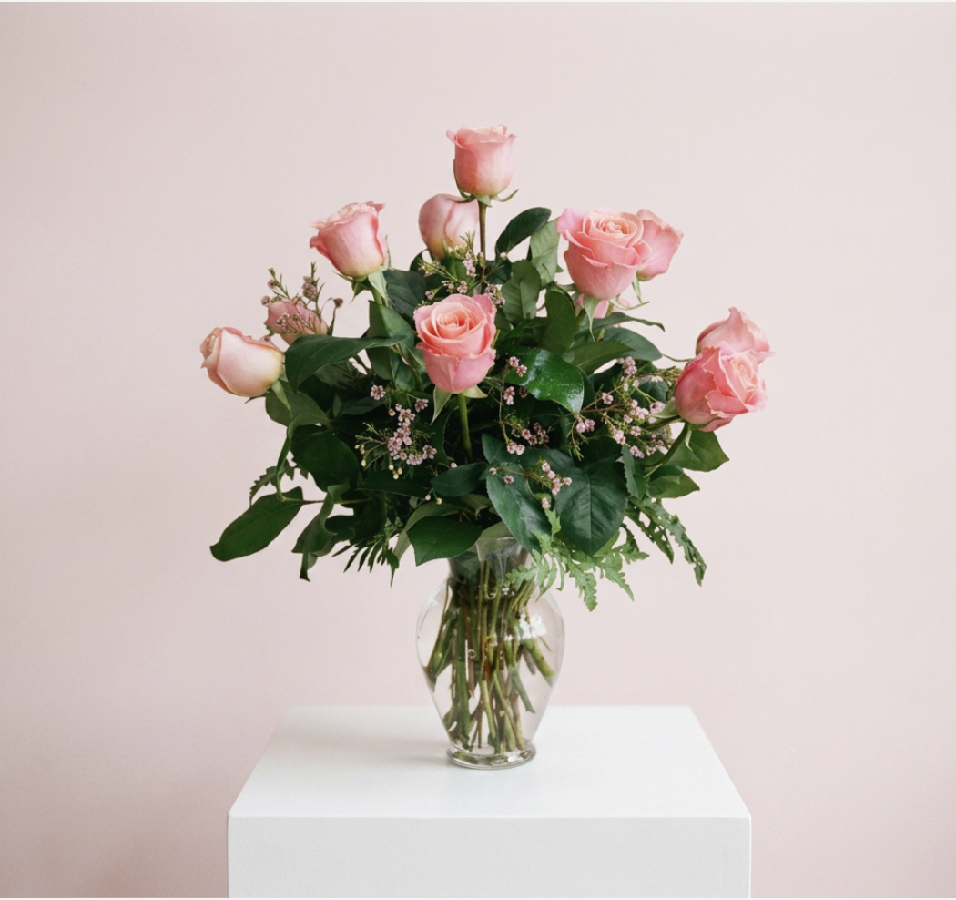 DOZEN PINK ROSES WITH PINK FILLER