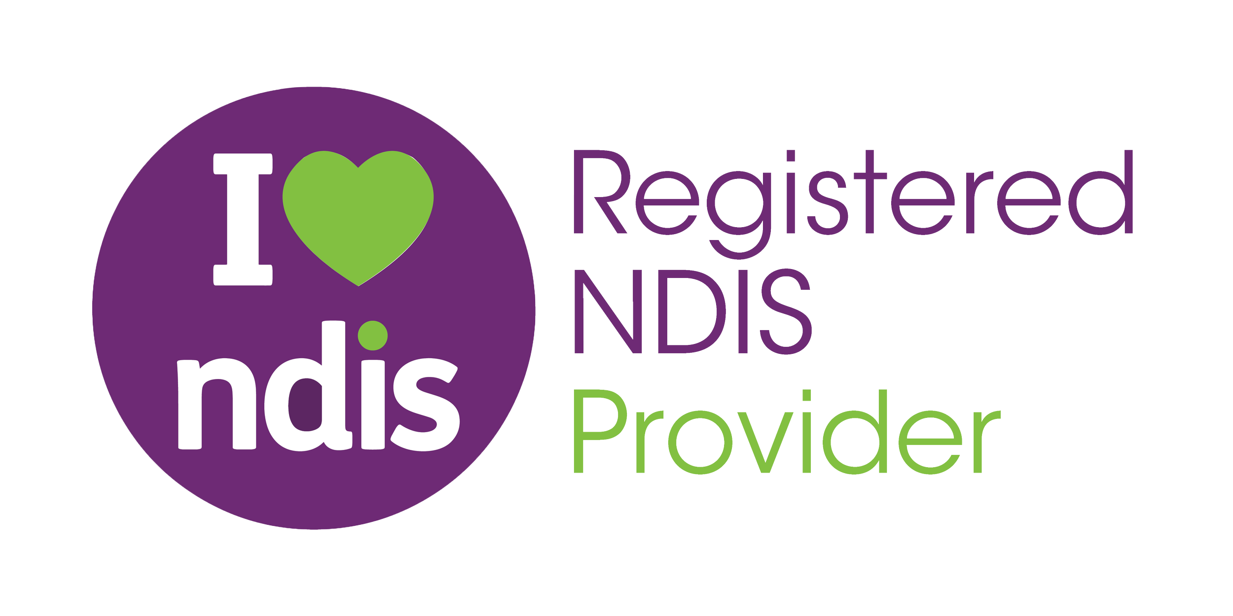 Logo for NDIS provider with purple, green, and gray text, includes a purple circle with 'I ♥ ndis' inside.