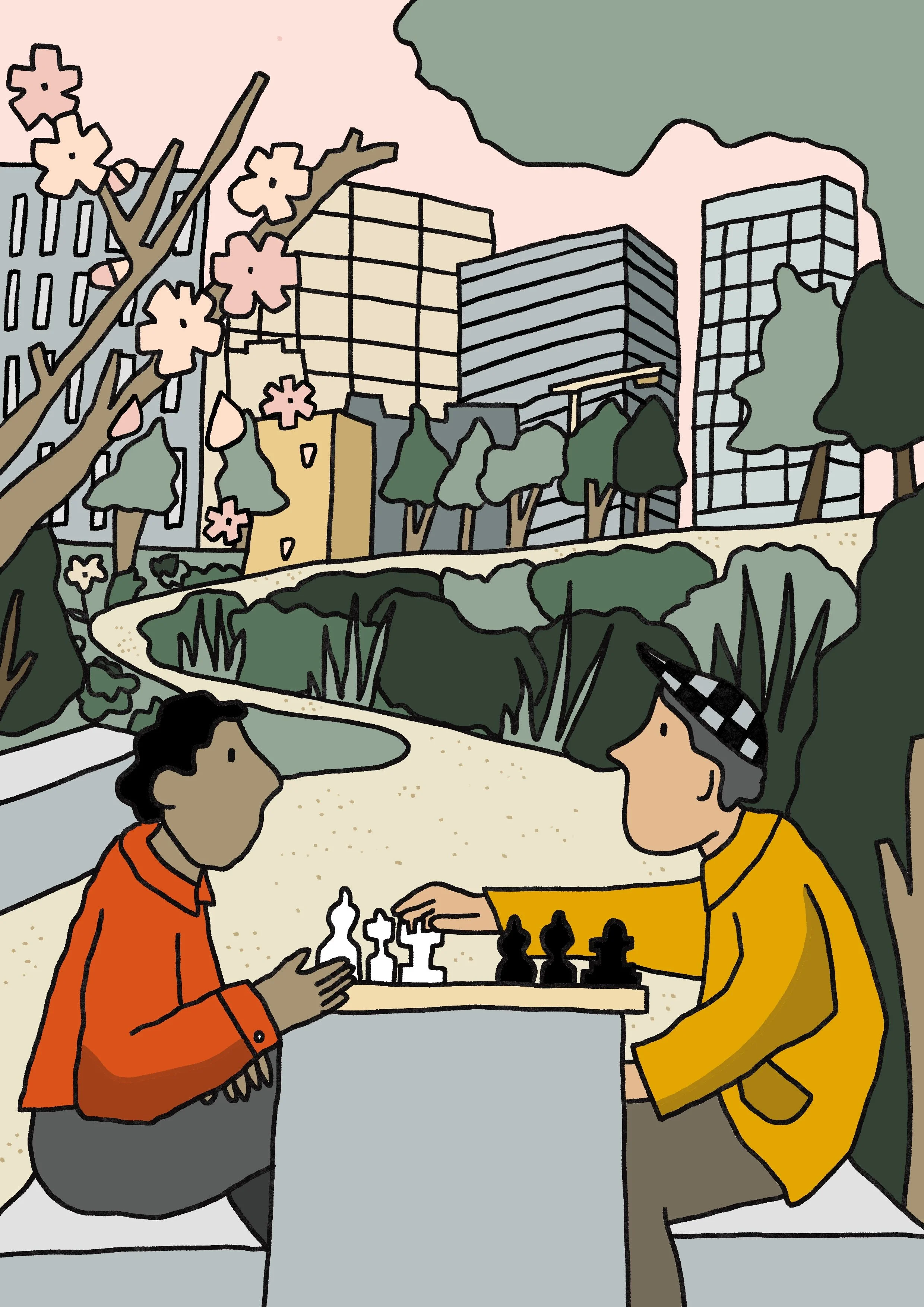 A quiet game of chess unfolds between two older men while the sun begins to set behind them. 
