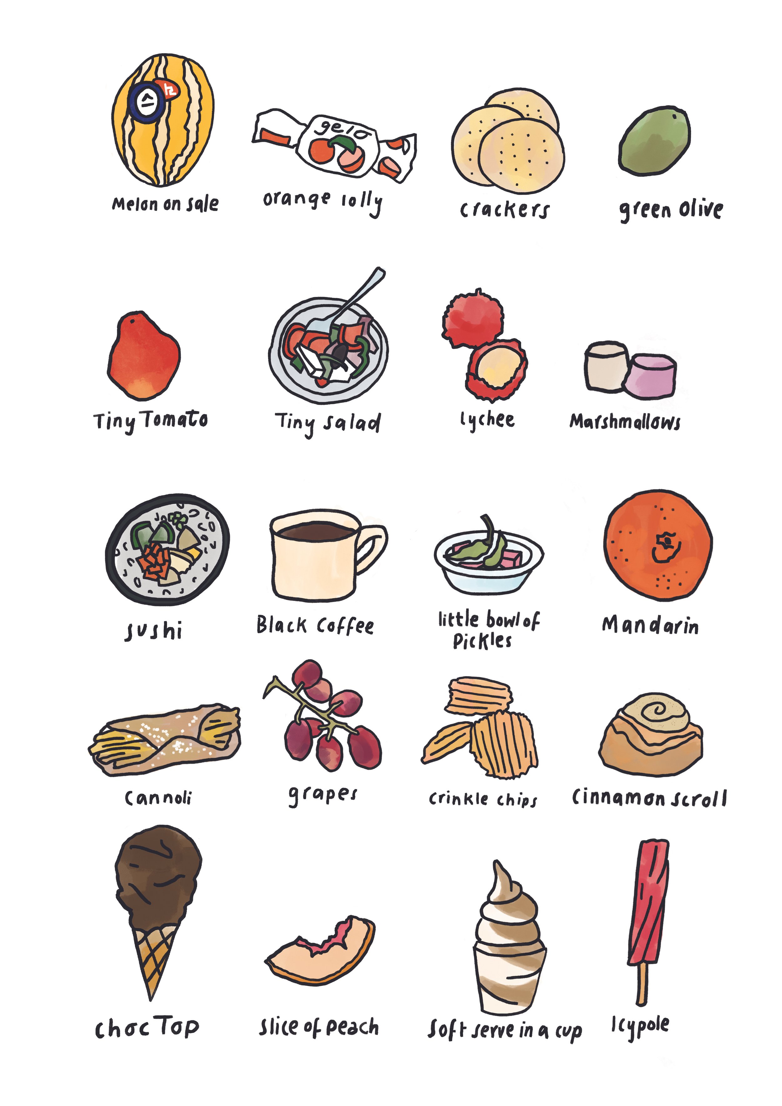 Series of food poster illustrations inspired by foods that hold memories, from fresh lychees and cinnamon scrolls to to black coffee and green olives. 