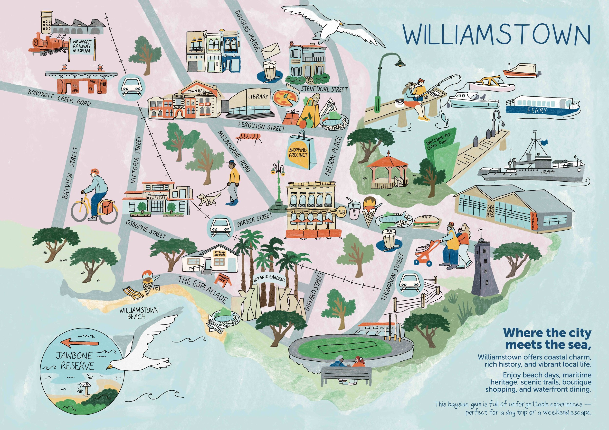 Illustrated Map and icons of Williamstown, Melbourne
