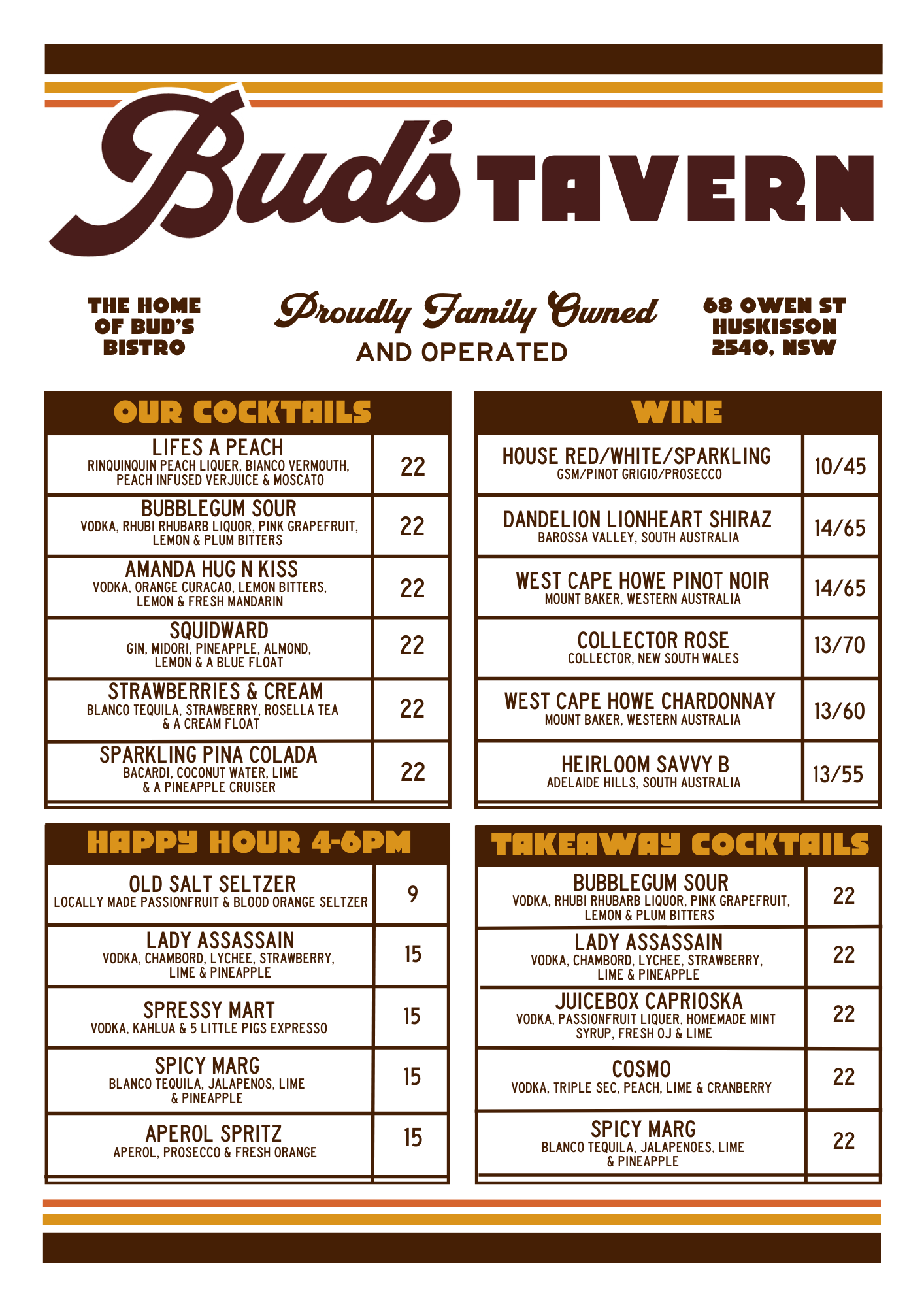 FOOD BEER COCKTAILS SOUTHCOAST JERVIS BAYMENU BUDS TAVERN  PUB HOTEL BREWERY BAIT TACKLE FISHING HUSKISSON NSW DINNER LUNCH