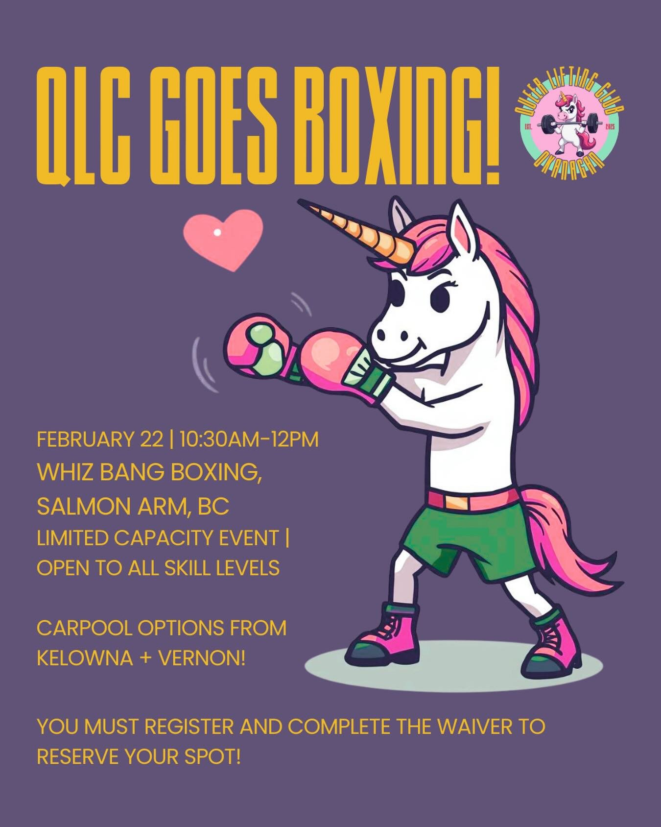 QLC is going boxing and you&rsquo;re invited!

February 22 | 10:30-12
📍 @whizbangboxing Salmon Arm, BC

This is a limited capacity event with only FIVE spots left! Link is in our bio. You&rsquo;ll need to register (complete the checkout process) AND