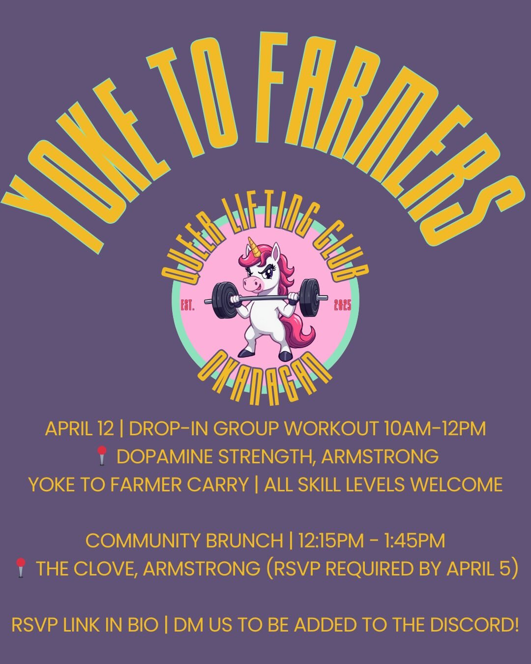 Next up: YOKE TO FARMERS!!!

Whether you&rsquo;ve played around with strongman implements before, are curious about it, or just need some conditioning to support those on-foot grocery hauls, this is gonna be a super fun day! 

Please RSVP via the lin