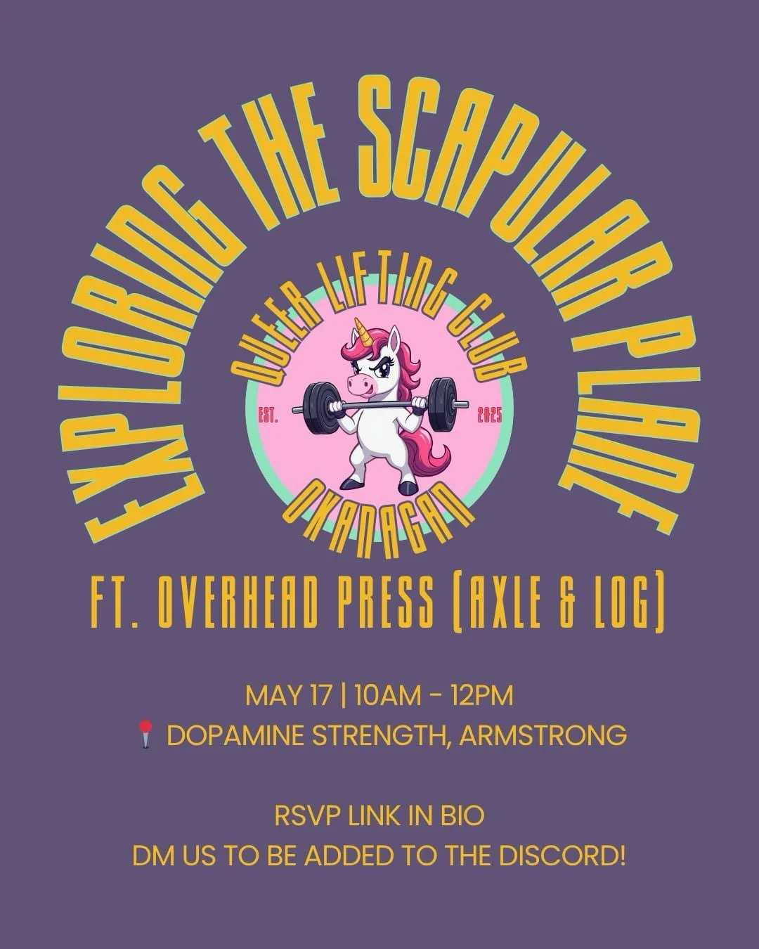 SUNDAY MAY 17! Come explore the scapular plane ✈️ (must be read in an 80s sci fi intro scene type voice btw 🎬).

With @shuswapstrongman the following week, we wanted to give an equal chance to our athletes to focus on a deload and some of the founda